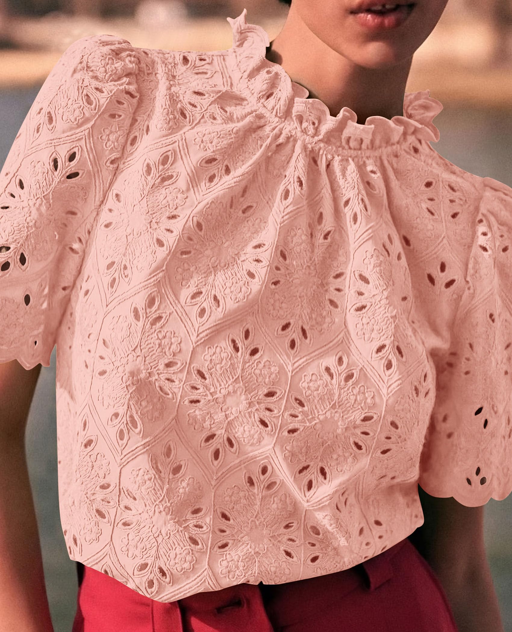 Women Summer Tops Eyelet Embroidered Shirts,Pink,XS