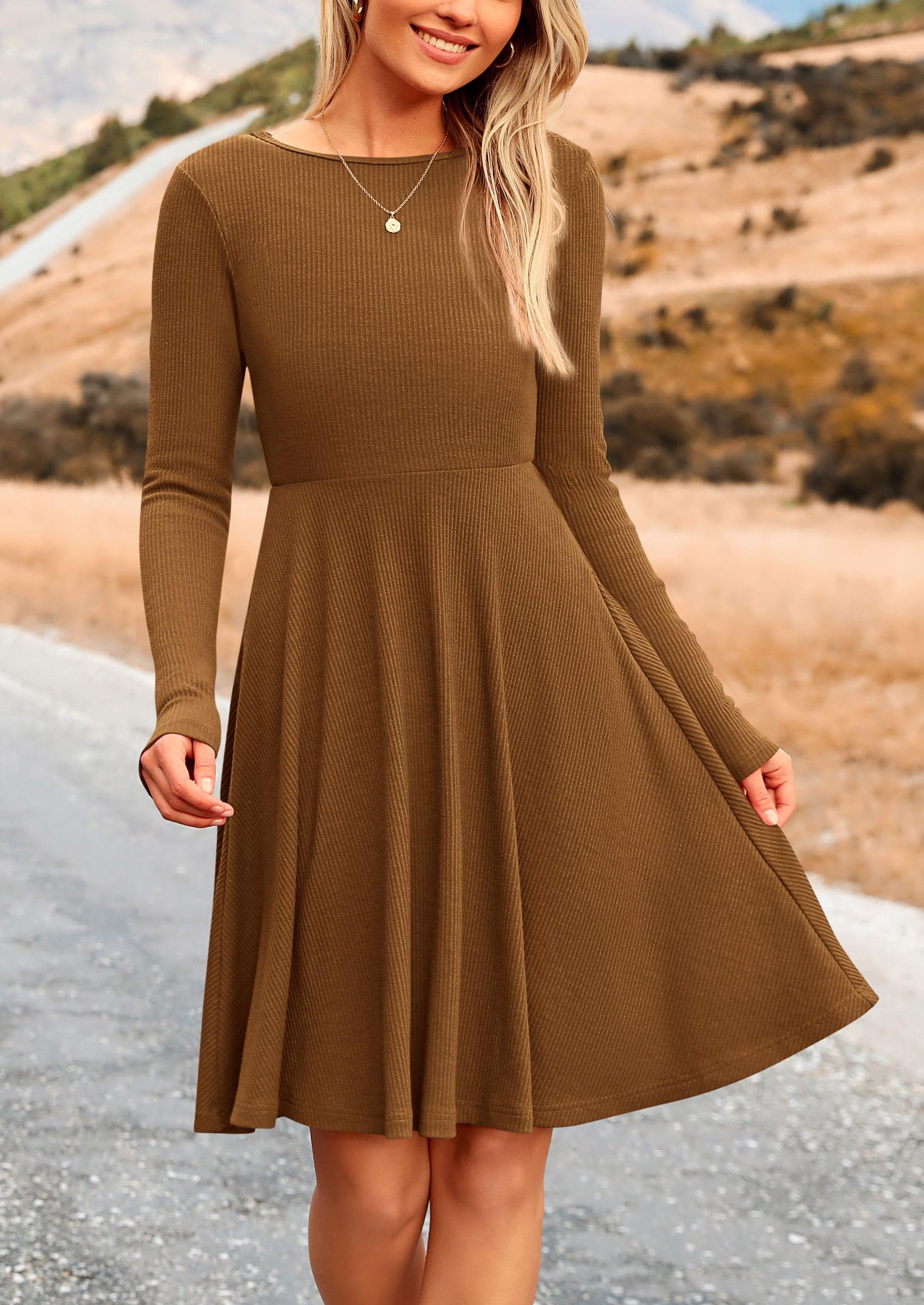 Women's Fall Casual Long Sleeve Short Dress (Brown,S)