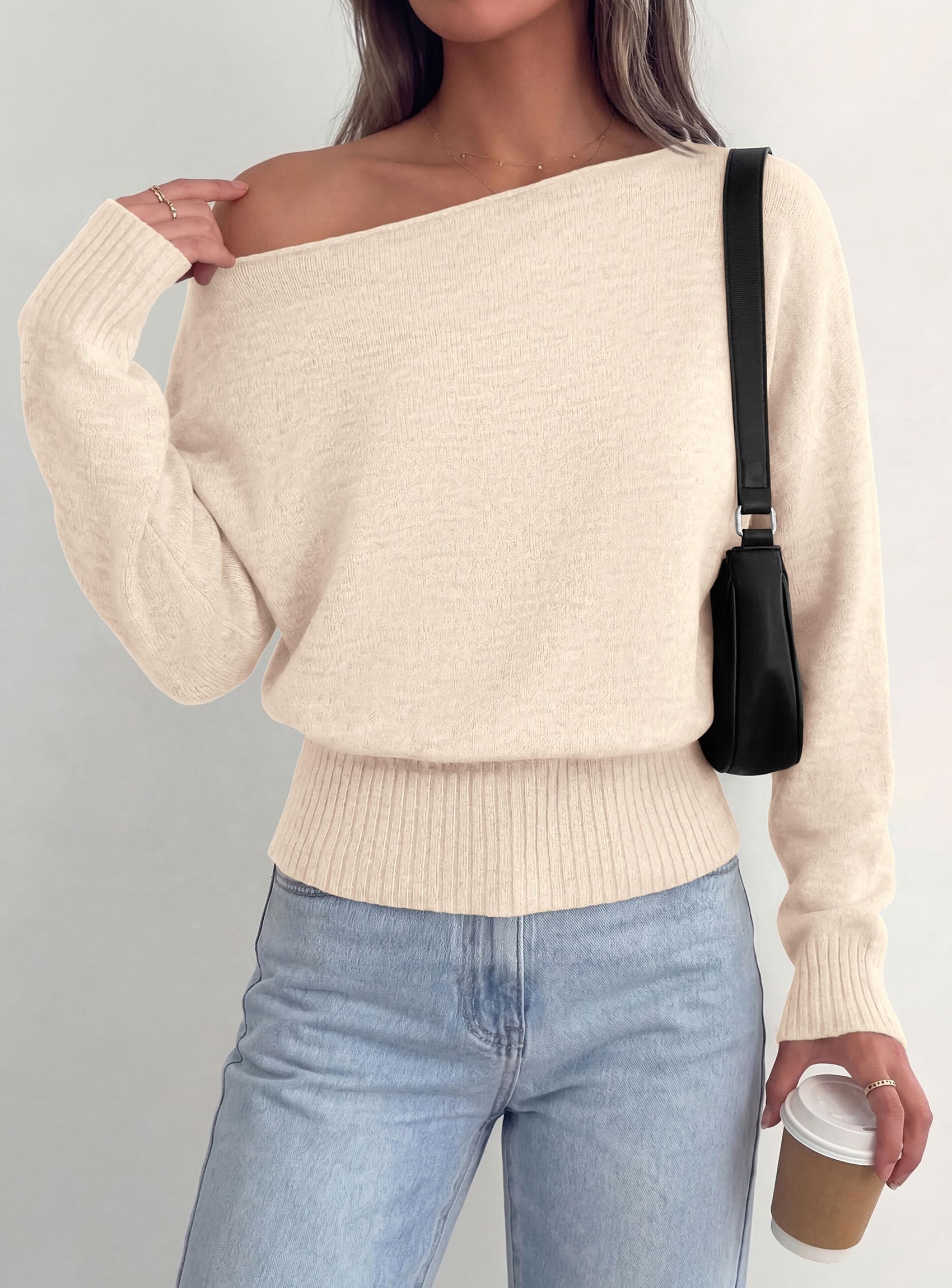 Womens Off The Shoulder Sweater Fall Fashion,Beige,S