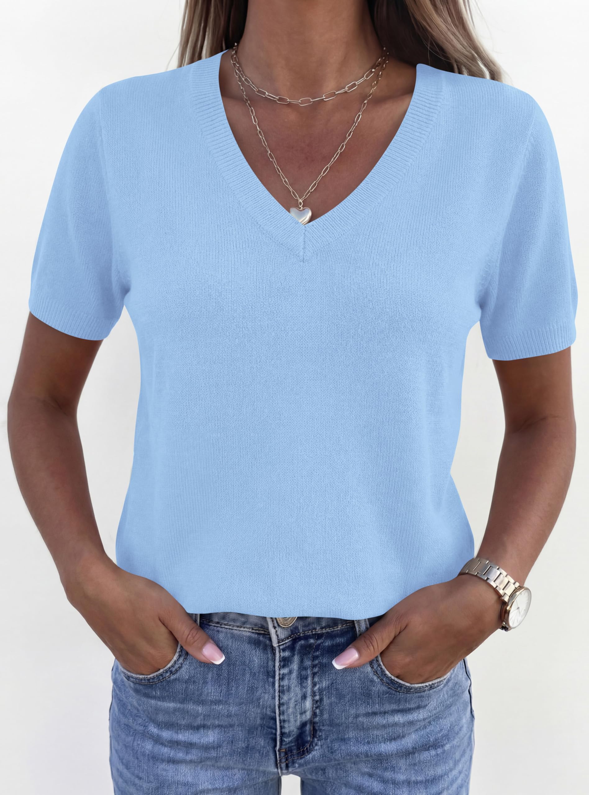 Womens Short Sleeve Sweater V Neck Tops,Light Blue,S