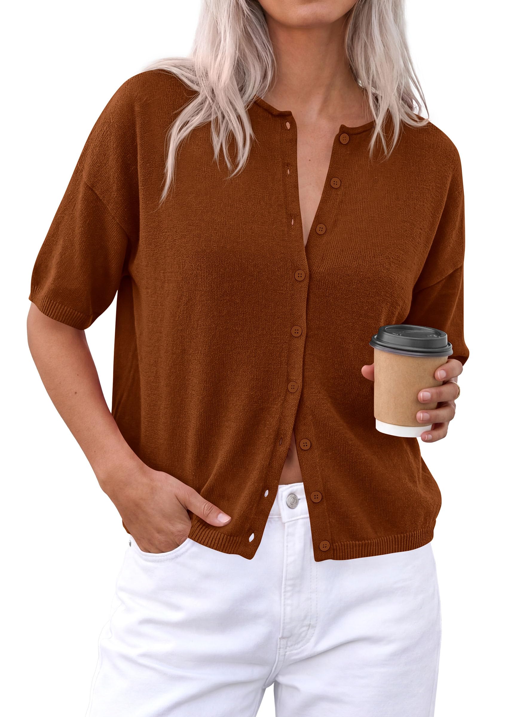 Women's Short Sleeve Cardigan Sweaters (Brown,Small)