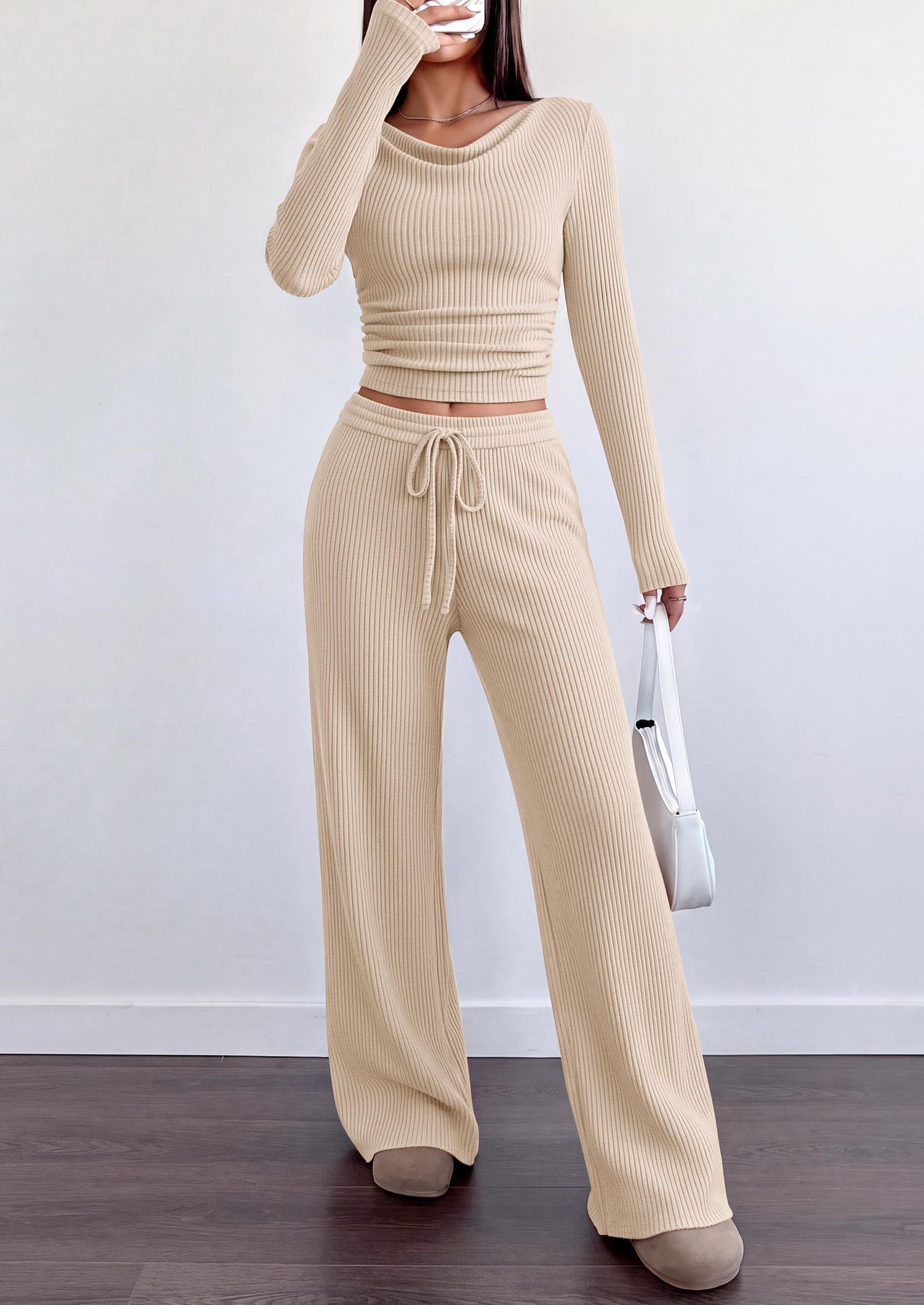 Matching Sets Women Clothing Fall Ribbed 2 Piece Lounge Set