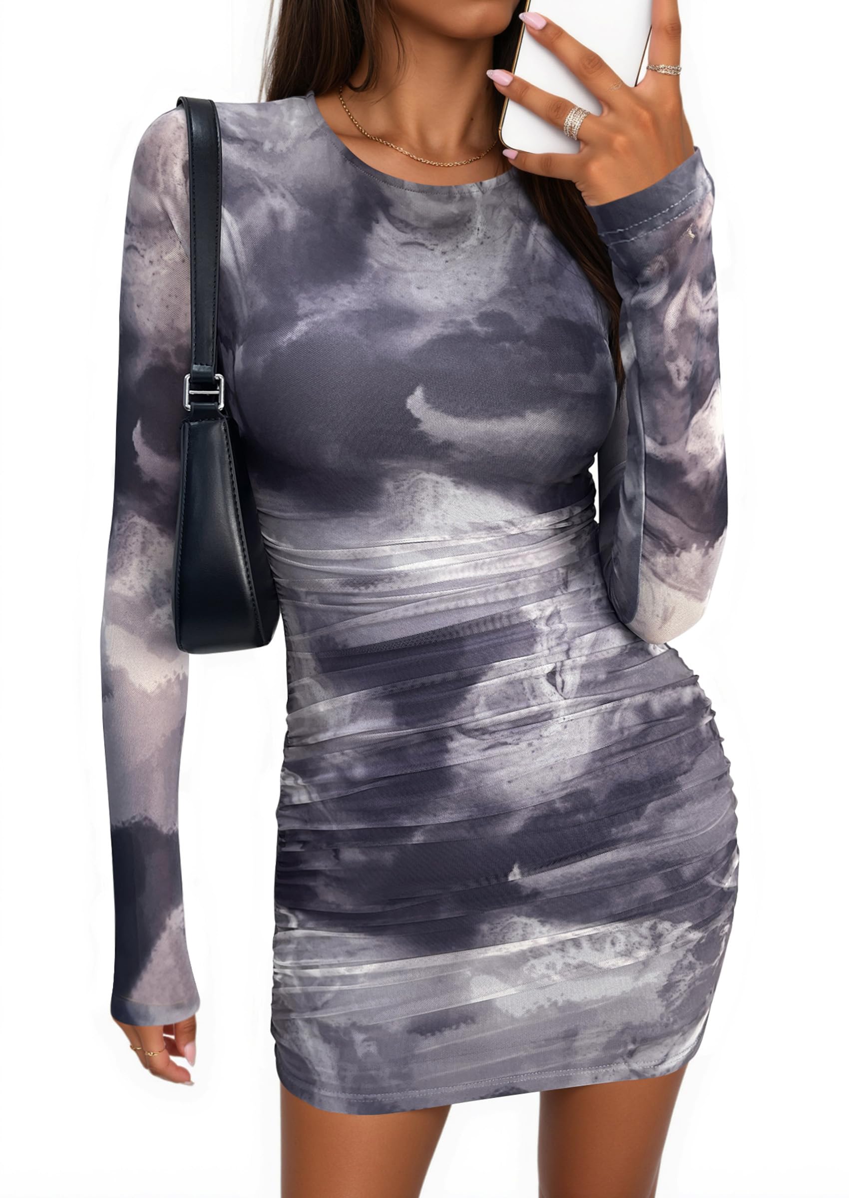 Mesh Mini Dresses for Women Long Sleeve Gray Floral,XS
