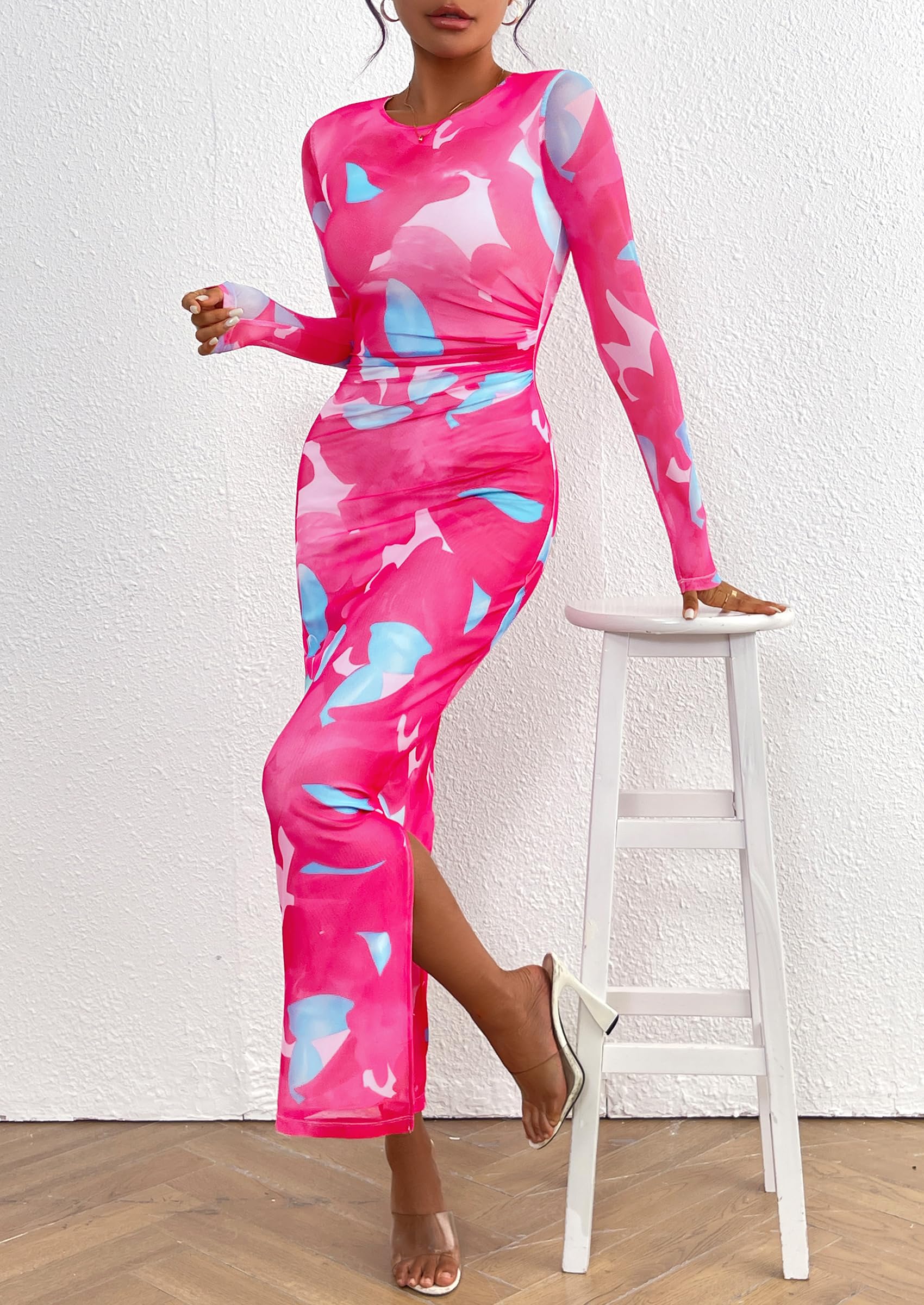 Women's Floral Bodycon Maxi Fall Dress Rose Red