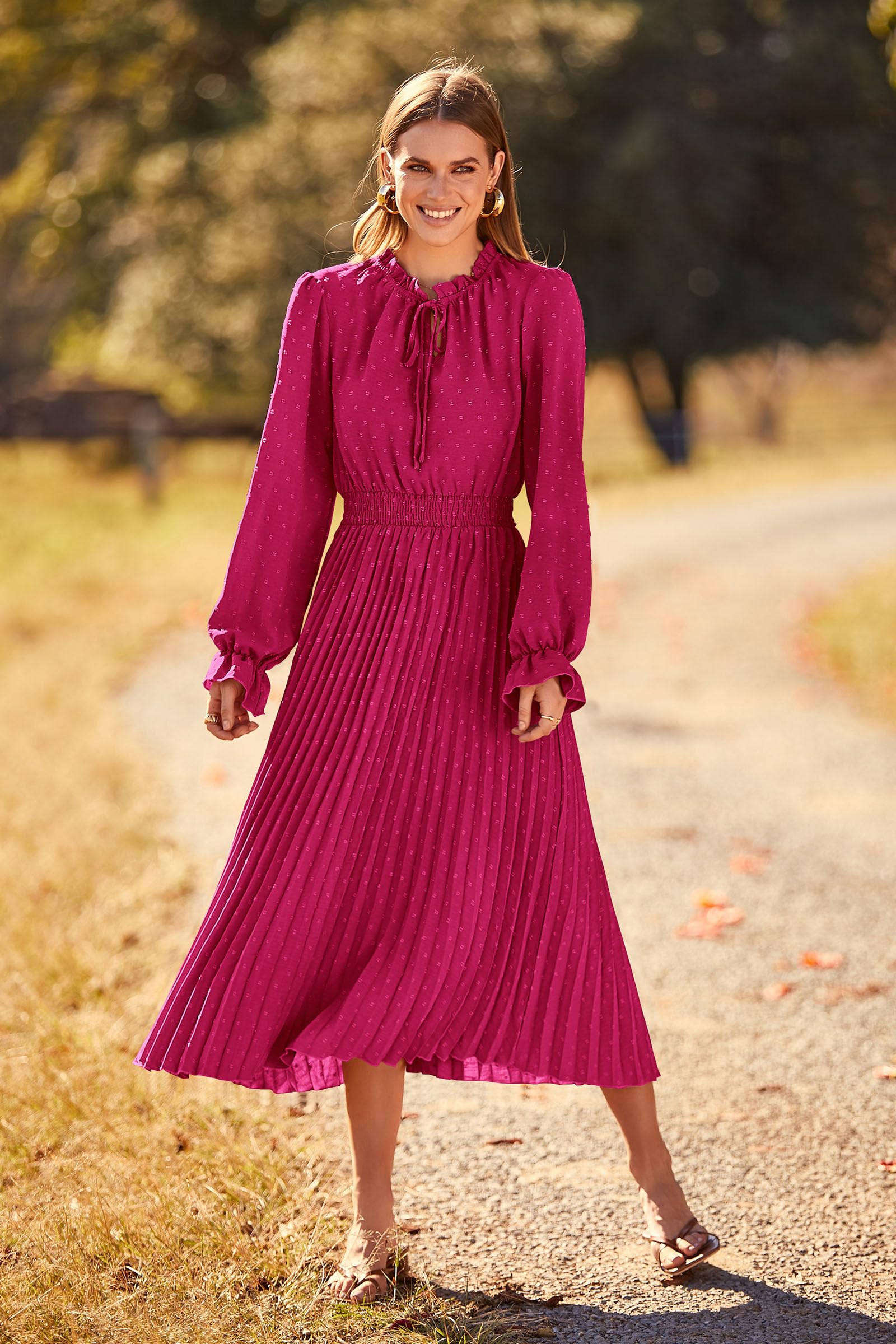 Women's Fall Midi Wedding Guest Dress(Rose Red,Small)