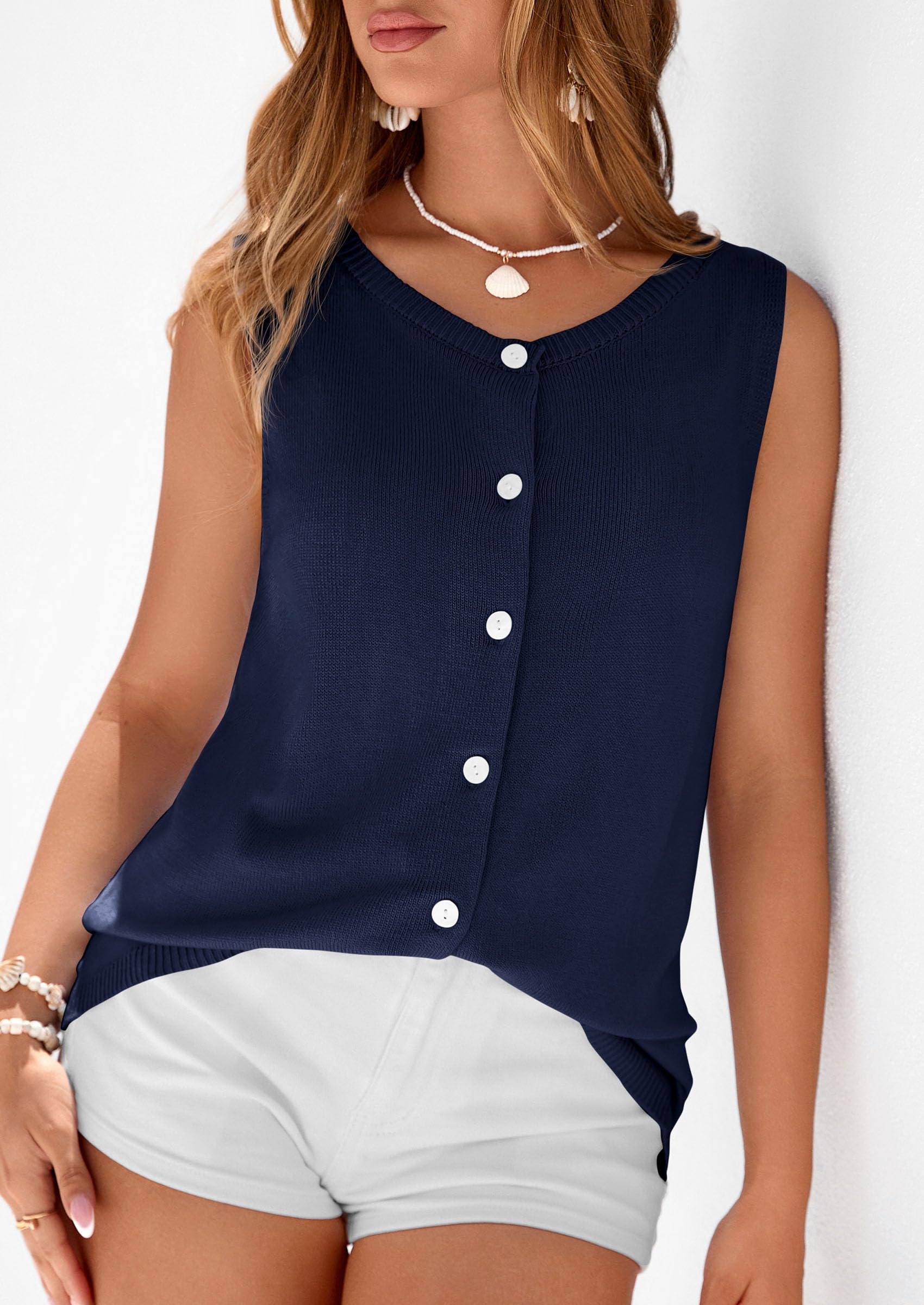 Women's Summer Button Up Sweater Vest Tops,Navy Blue,S