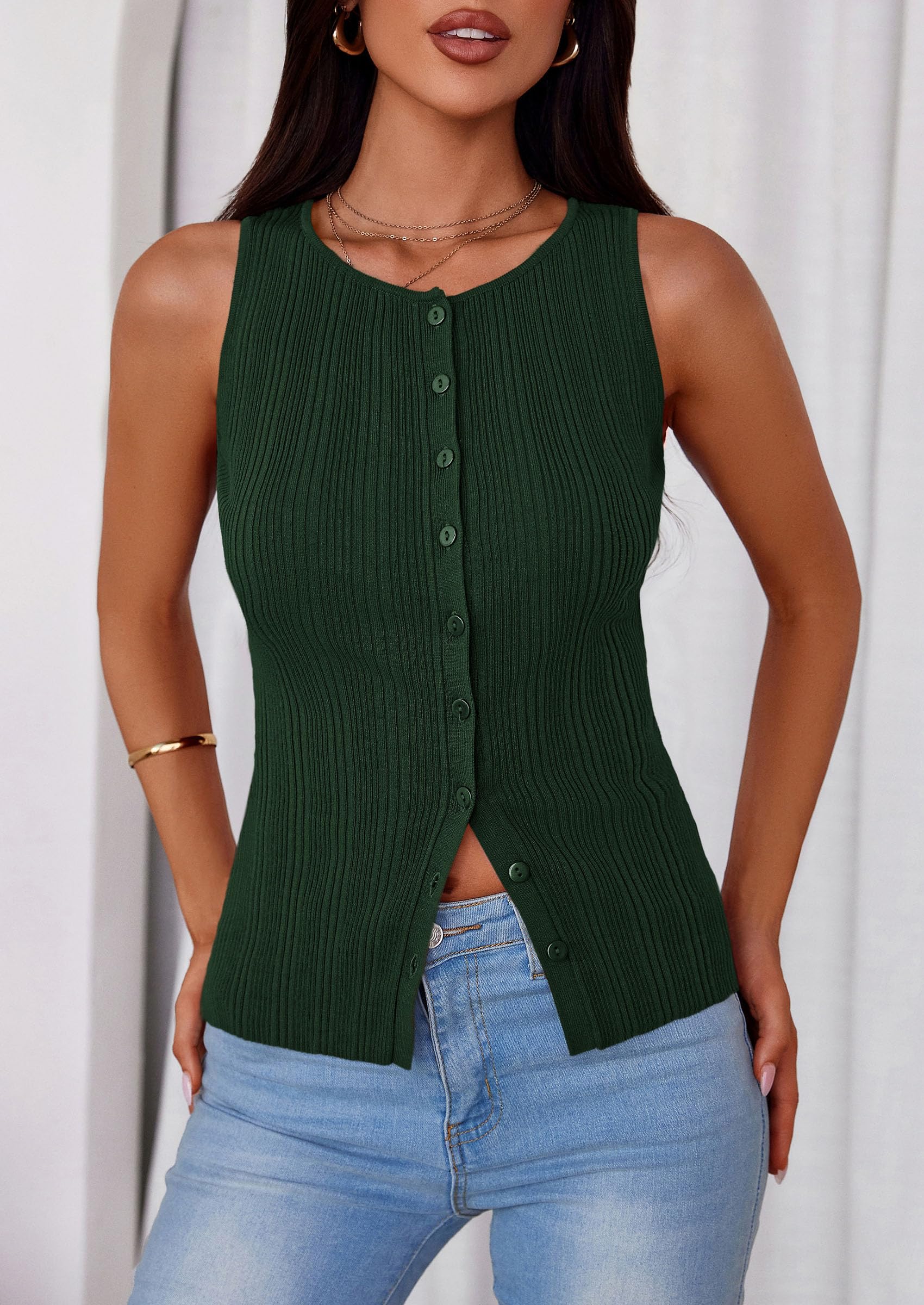Sleeveless Button Down Shirts for Women Summer 2026 Going Out Ribbed Knit Tank Tops Y2K Clothes Trendy Vest Tops Dark Green