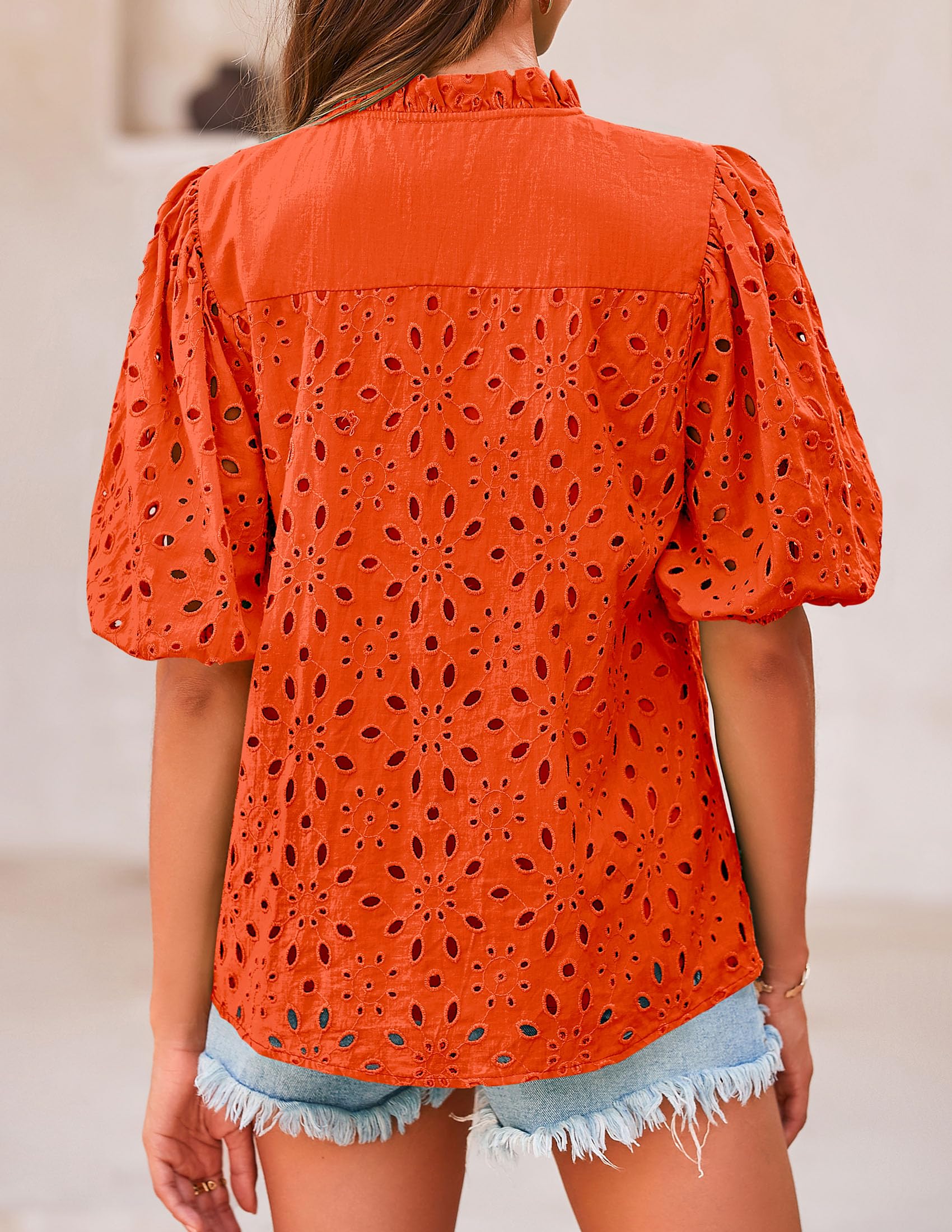 Womens Tops Boho Eyelet Puff Sleeve Blouse, Orange,S