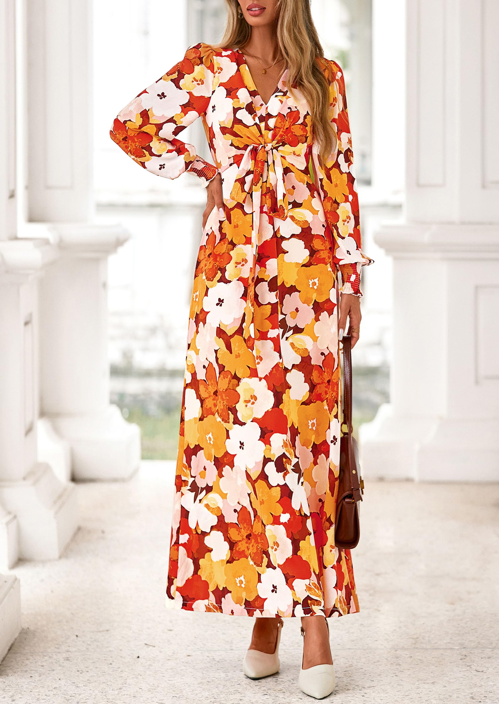 Women's Tie Waist Floral Maxi Dress,Floral Orange,S
