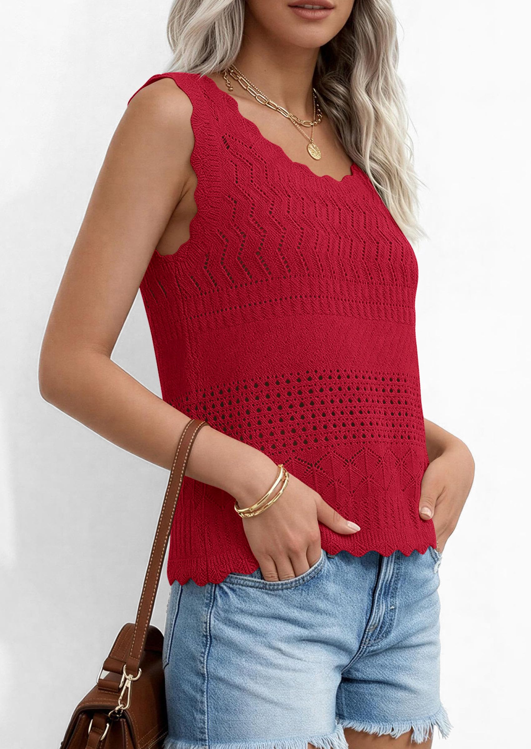 Womens Crochet Tank Tops Knit Sleeveless Vest,Red,S