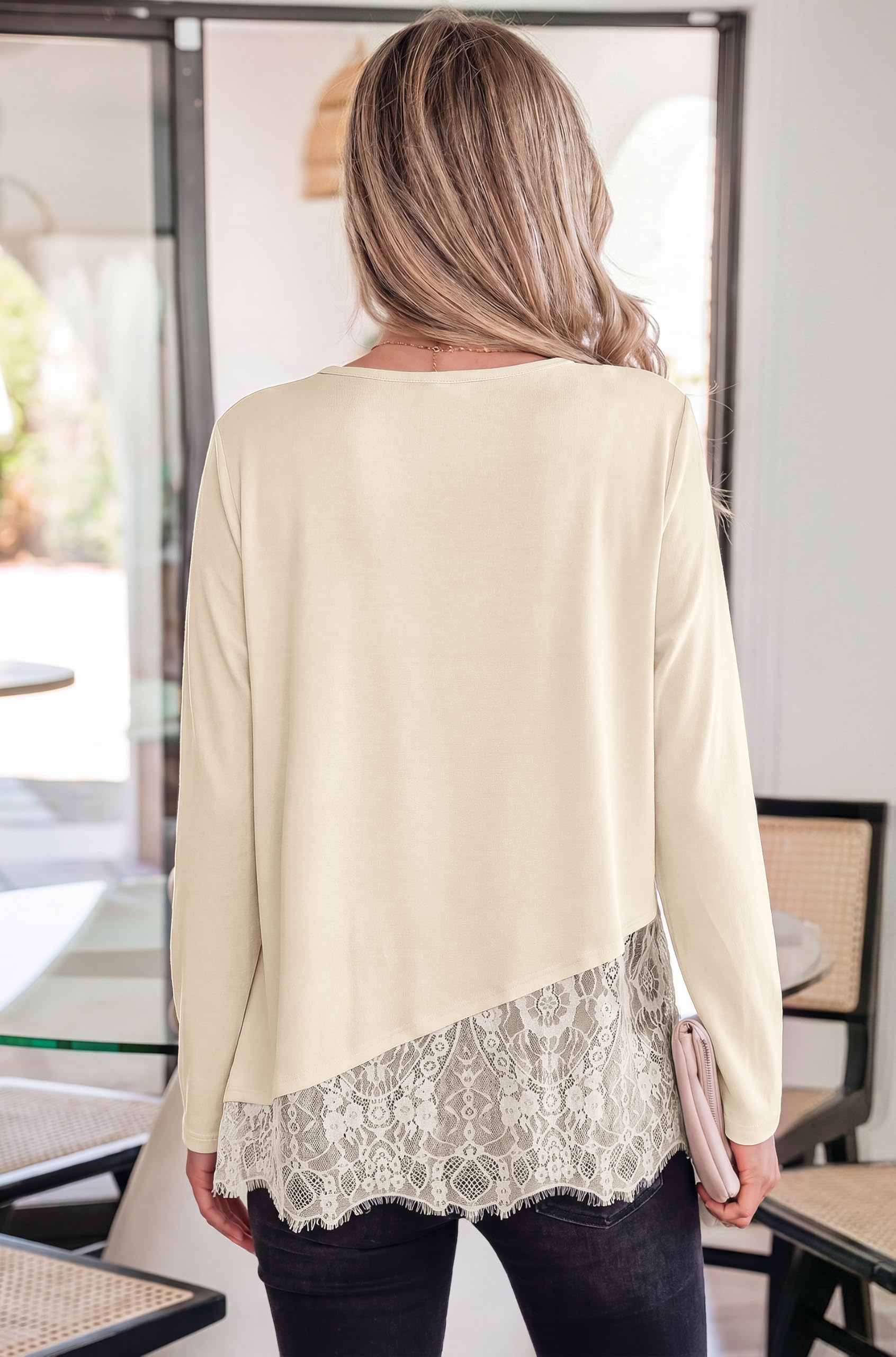 Women's Lace Patchwork Long Sleeve Shirts,Beige,XL