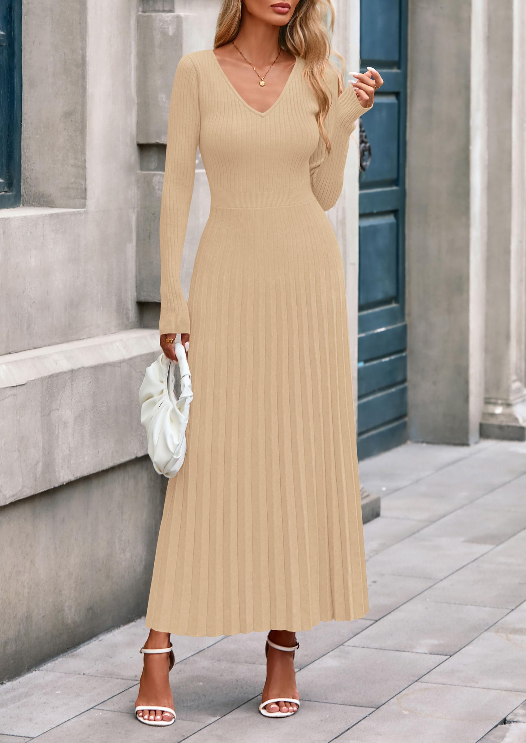 Sweater Dress Women Long Sleeve Maxi Flowy Pleated Dresses