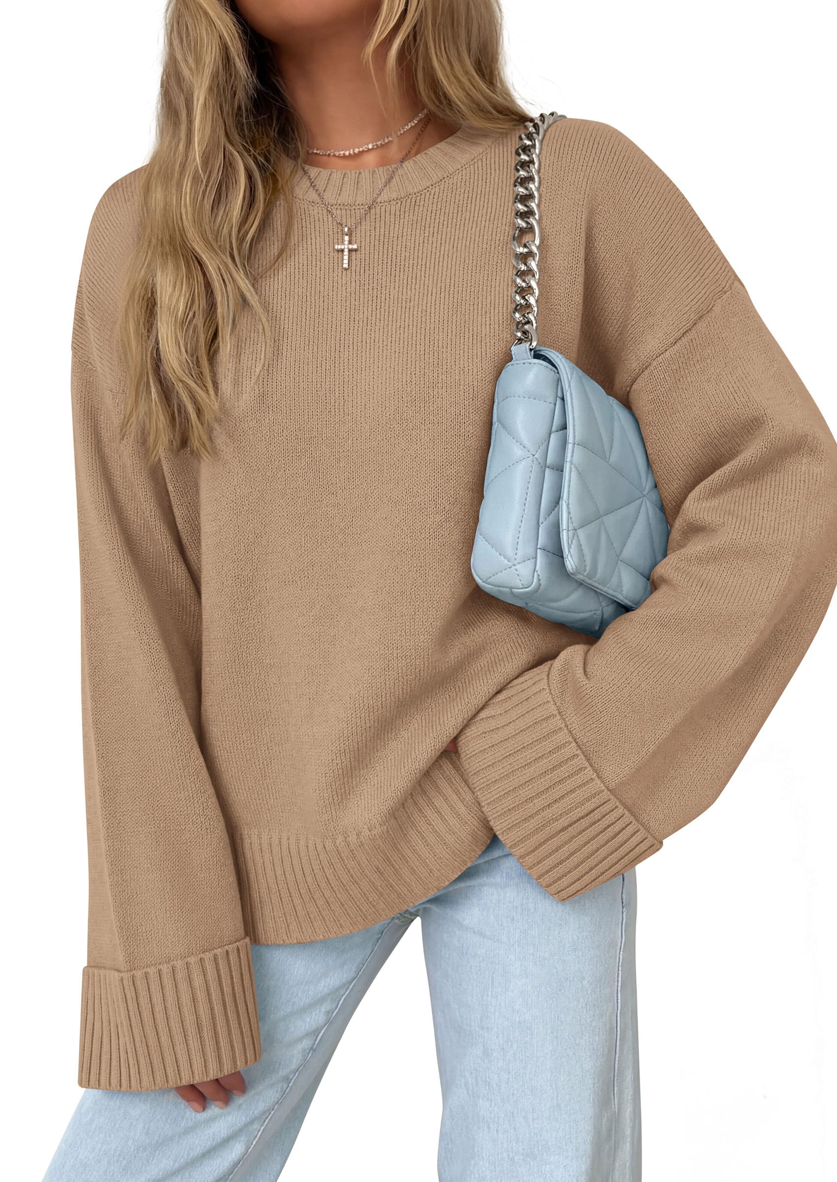 Oversized Sweater Women's Crewneck Long Sleeve Tops Khaki