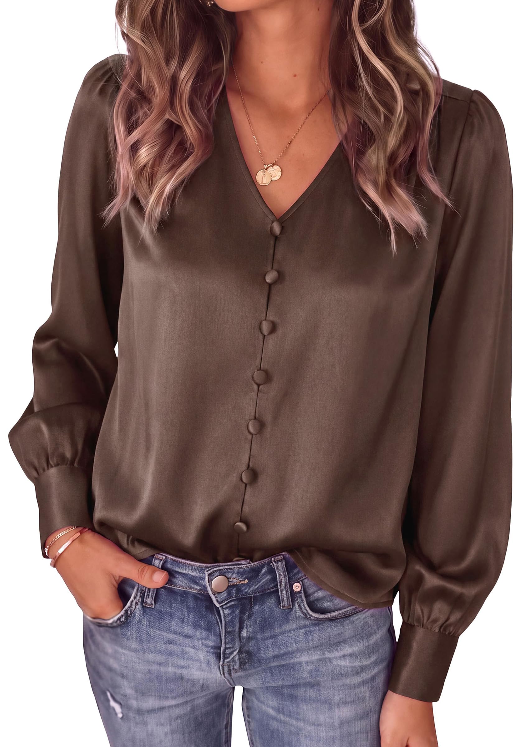 Womens Long Sleeve Satin Blouses Silk Business Casual Outfits