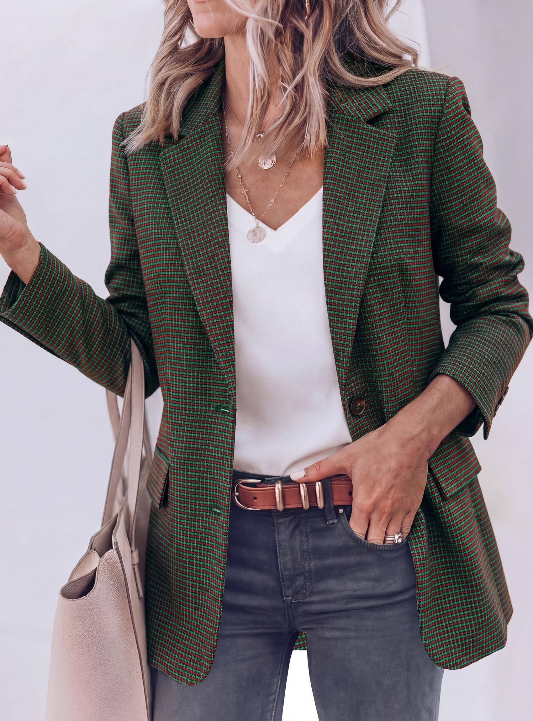 Fall Plaid Blazers for Women Business Casual Green S