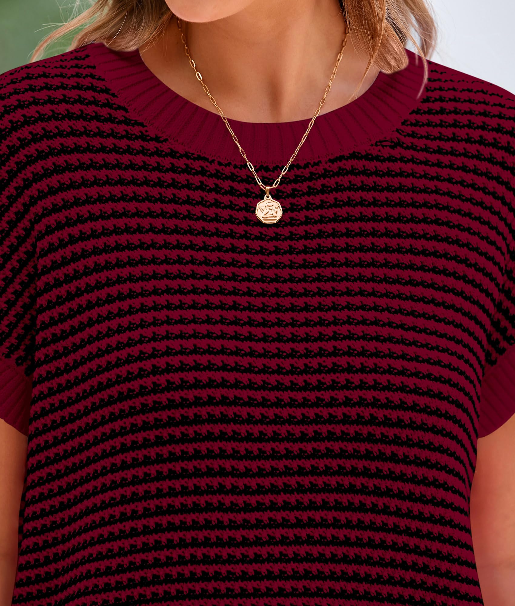 Women's Striped Short Sleeve Sweater Vest Wine Red,S