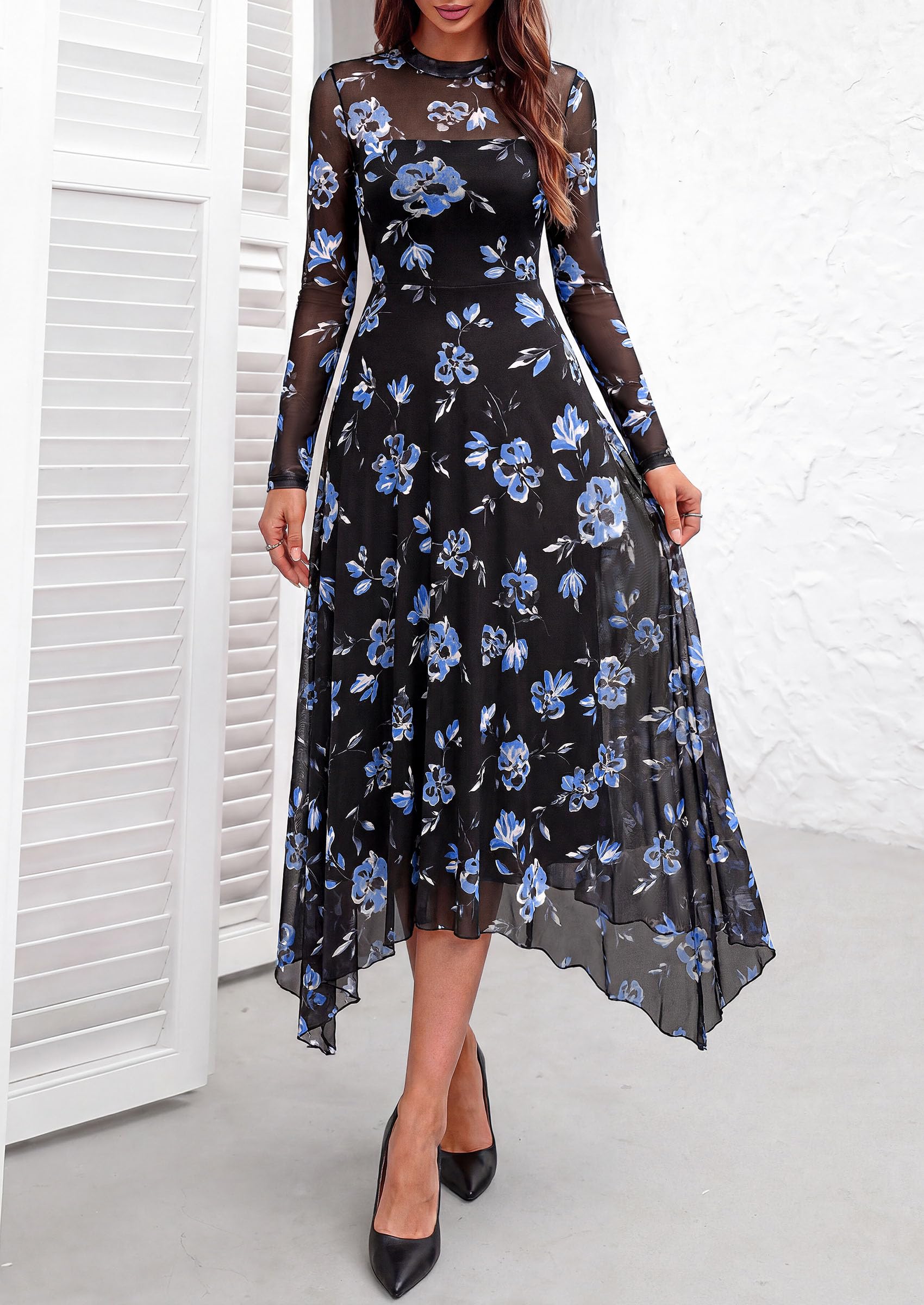 Women's Floral Mesh Midi Dress,Floral Black Blue,S