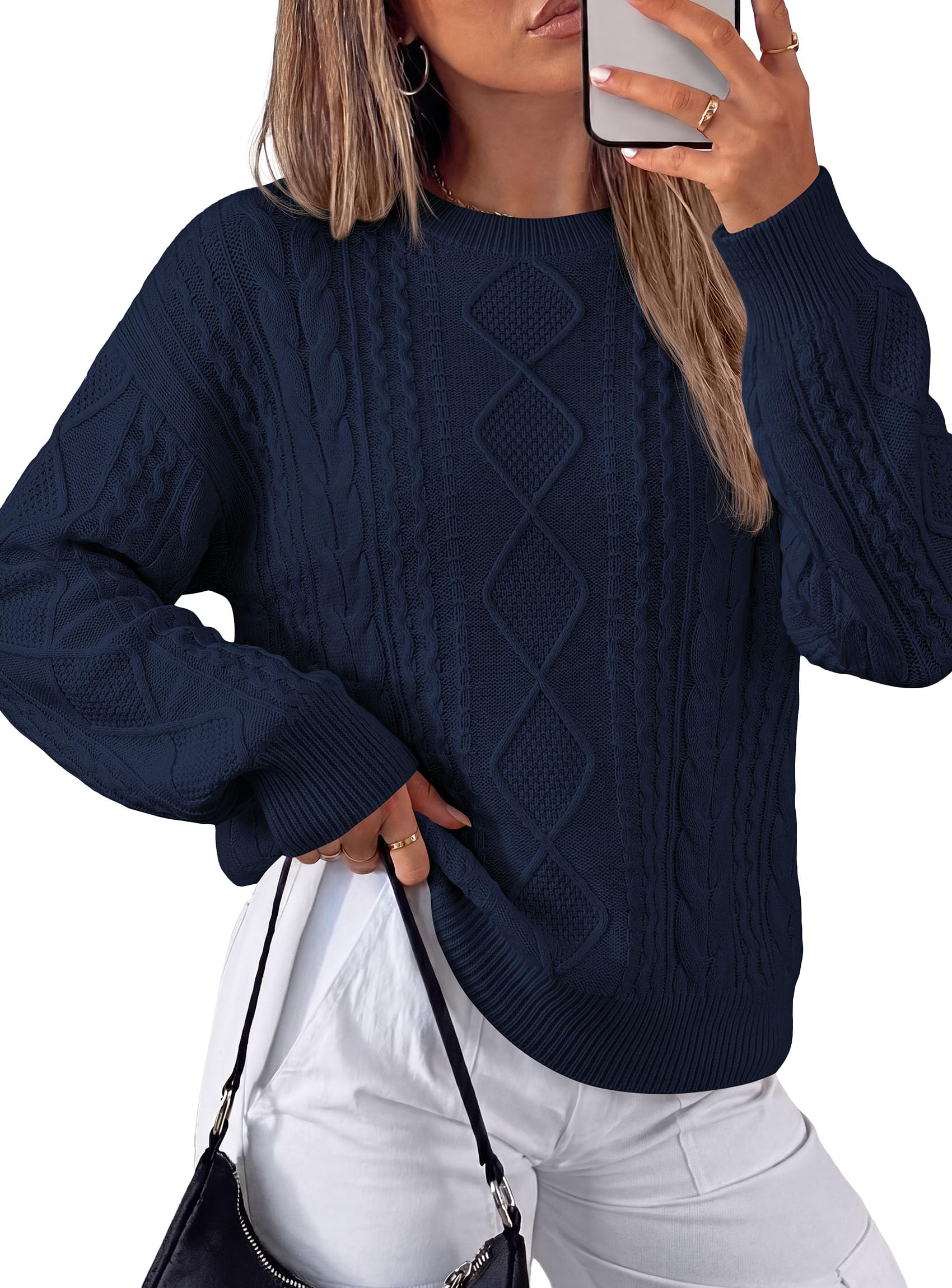 Women's Crewneck Cable Knit Sweater Pullover Tops Navy