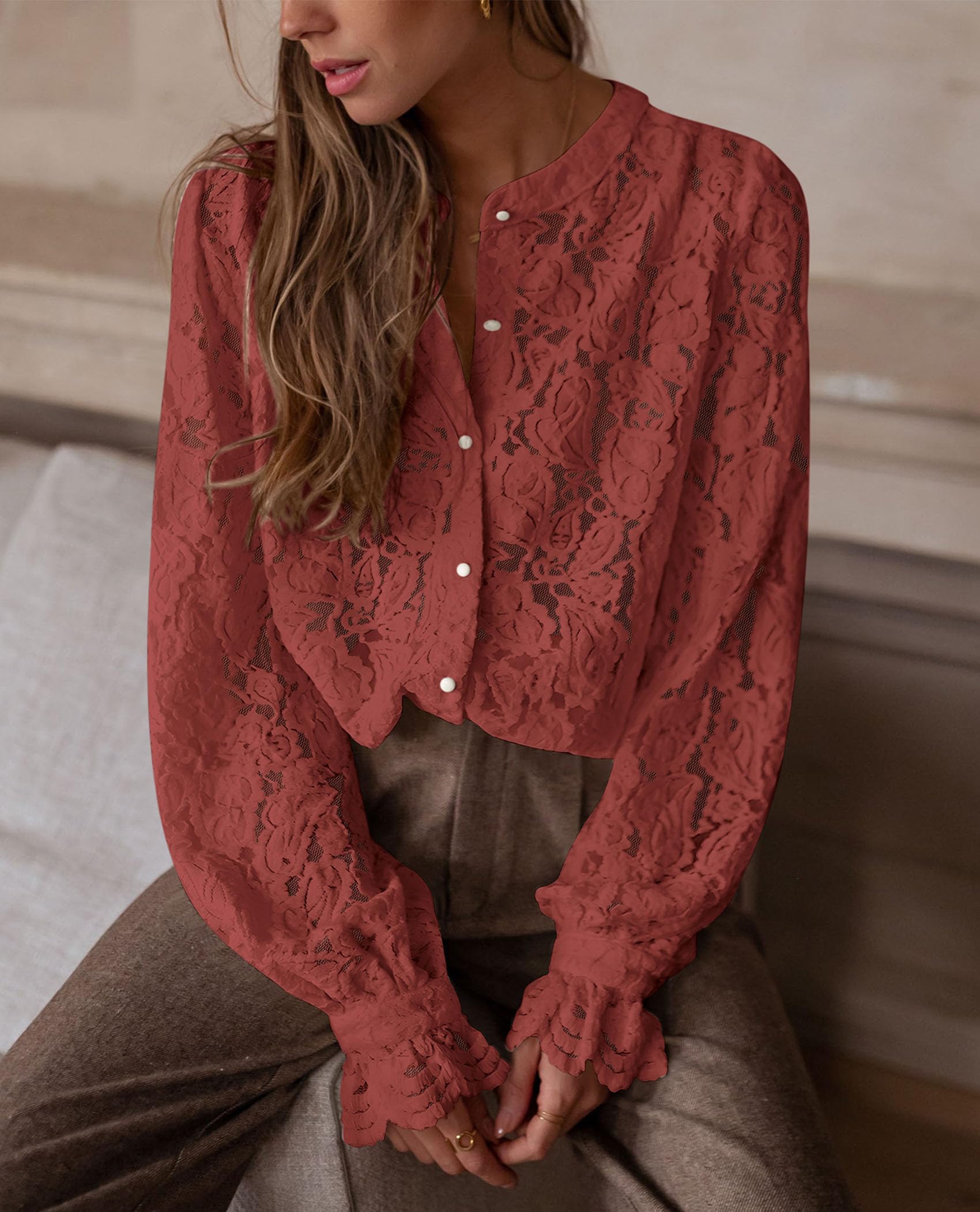 Women's Fall Trendy Long Sleeve Lace Tops(Brown Red,Small)