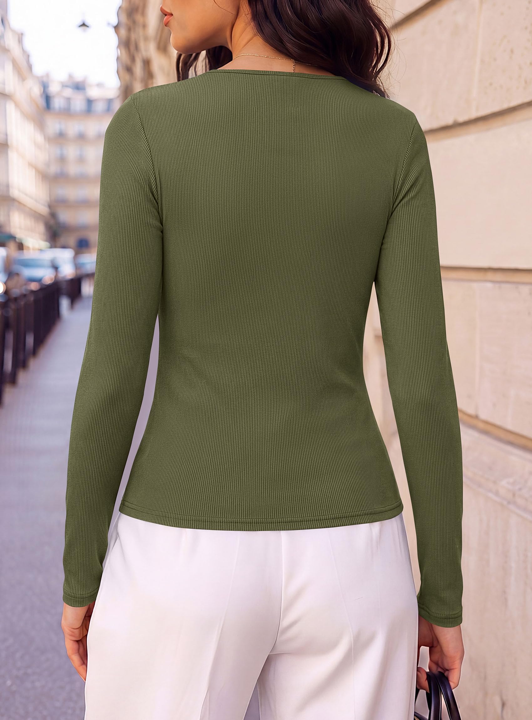 Women's Ribbed Knit V Neck Fall Blouses Long Sleeve Work Tops
