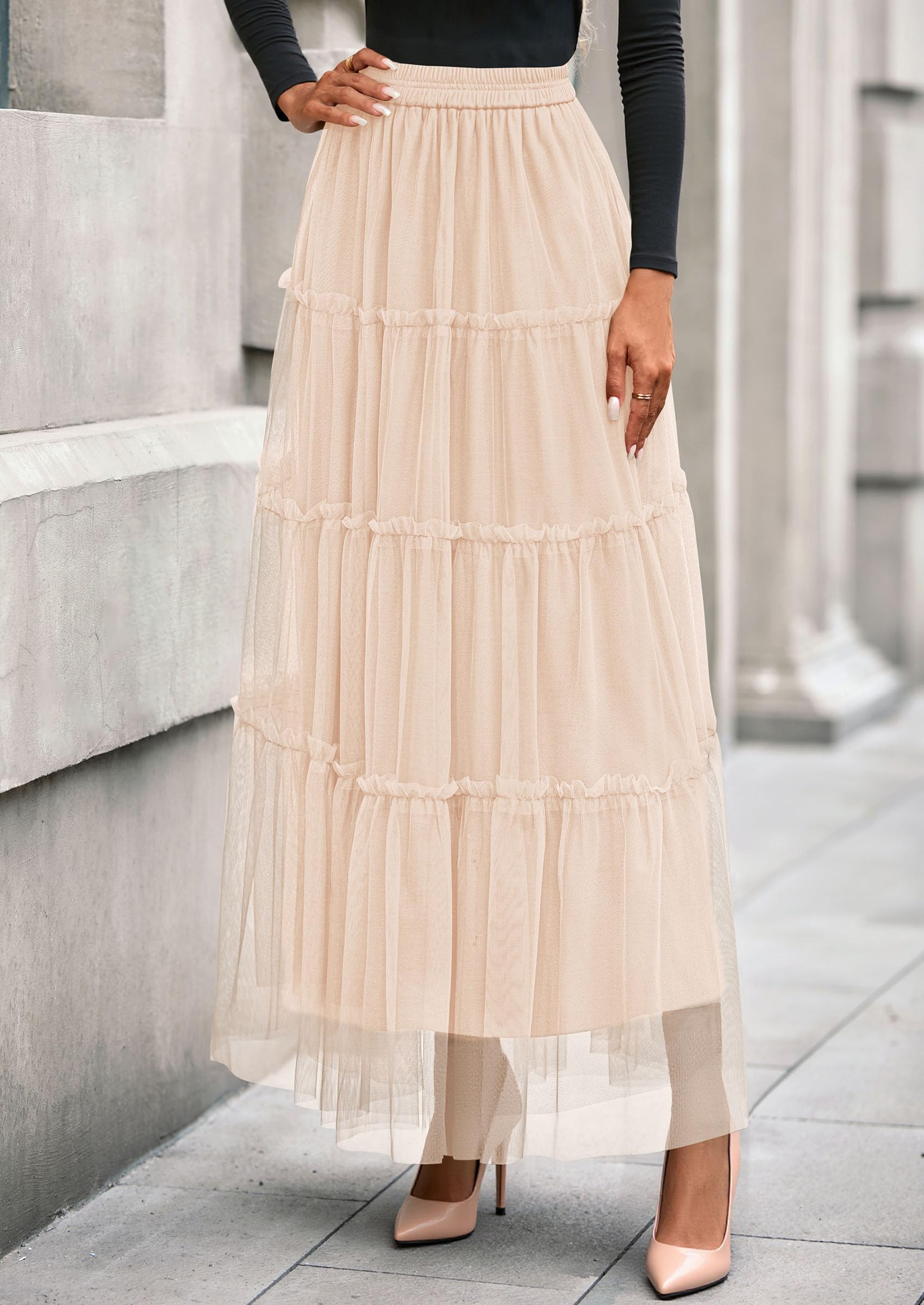 Women's Fall Soft Tulle Tiered Long Skirt,Beige,S