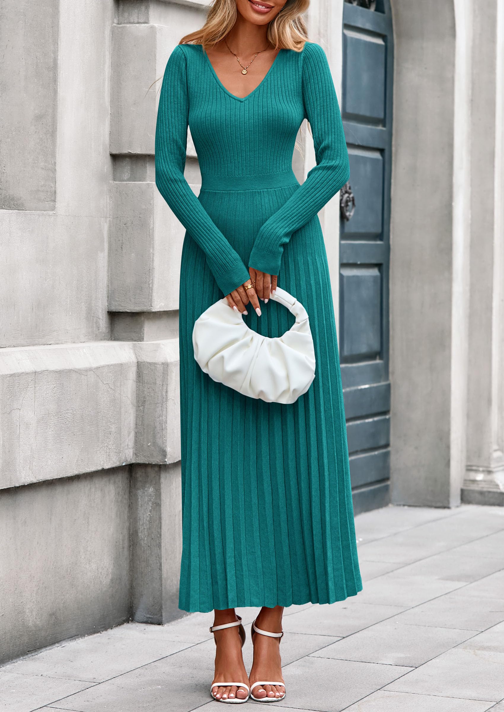 Sweater Dress Women Long Sleeve Maxi Flowy Pleated Dresses