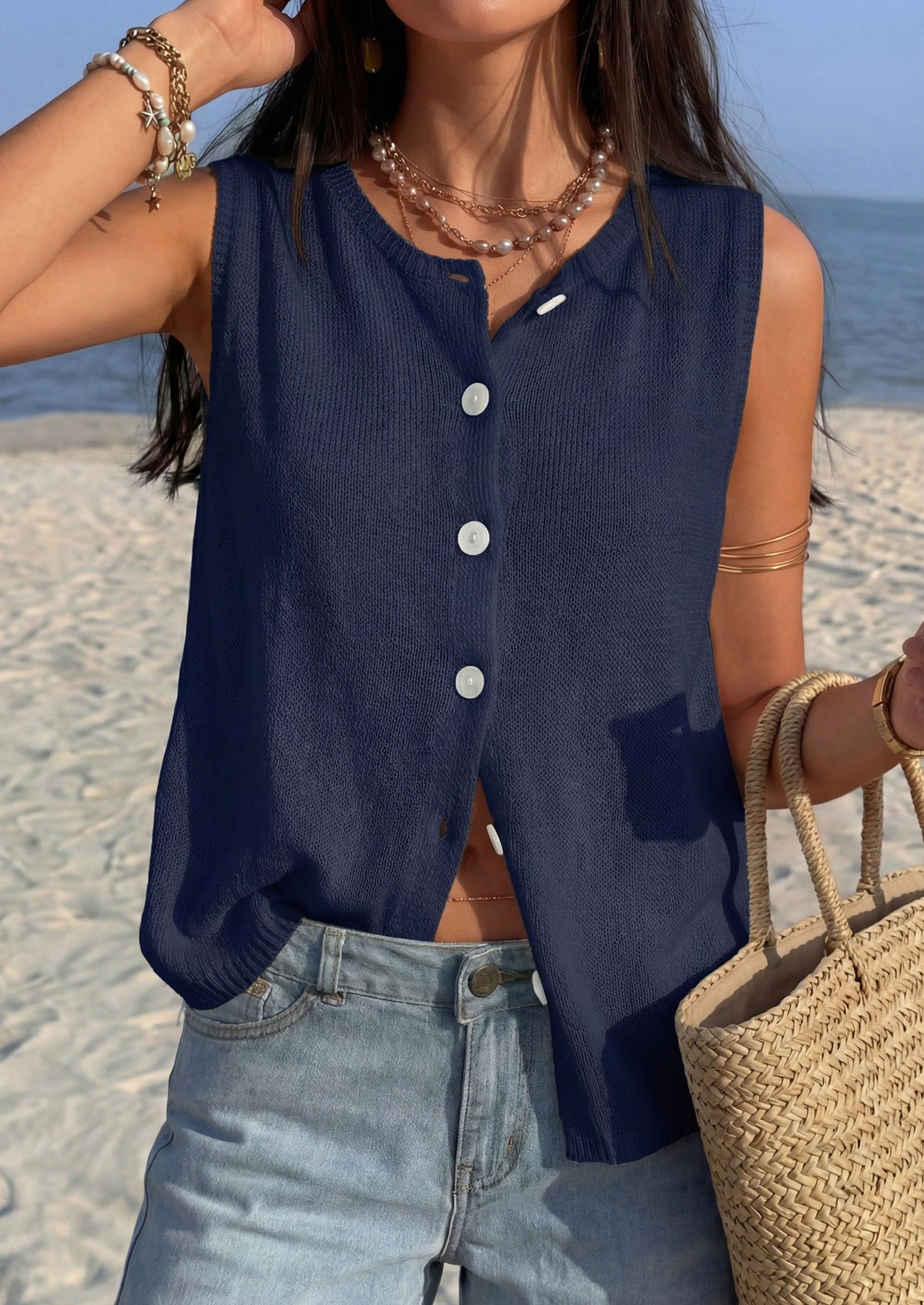 Women's Summer Button Up Sweater Vest Tops,Navy Blue,S