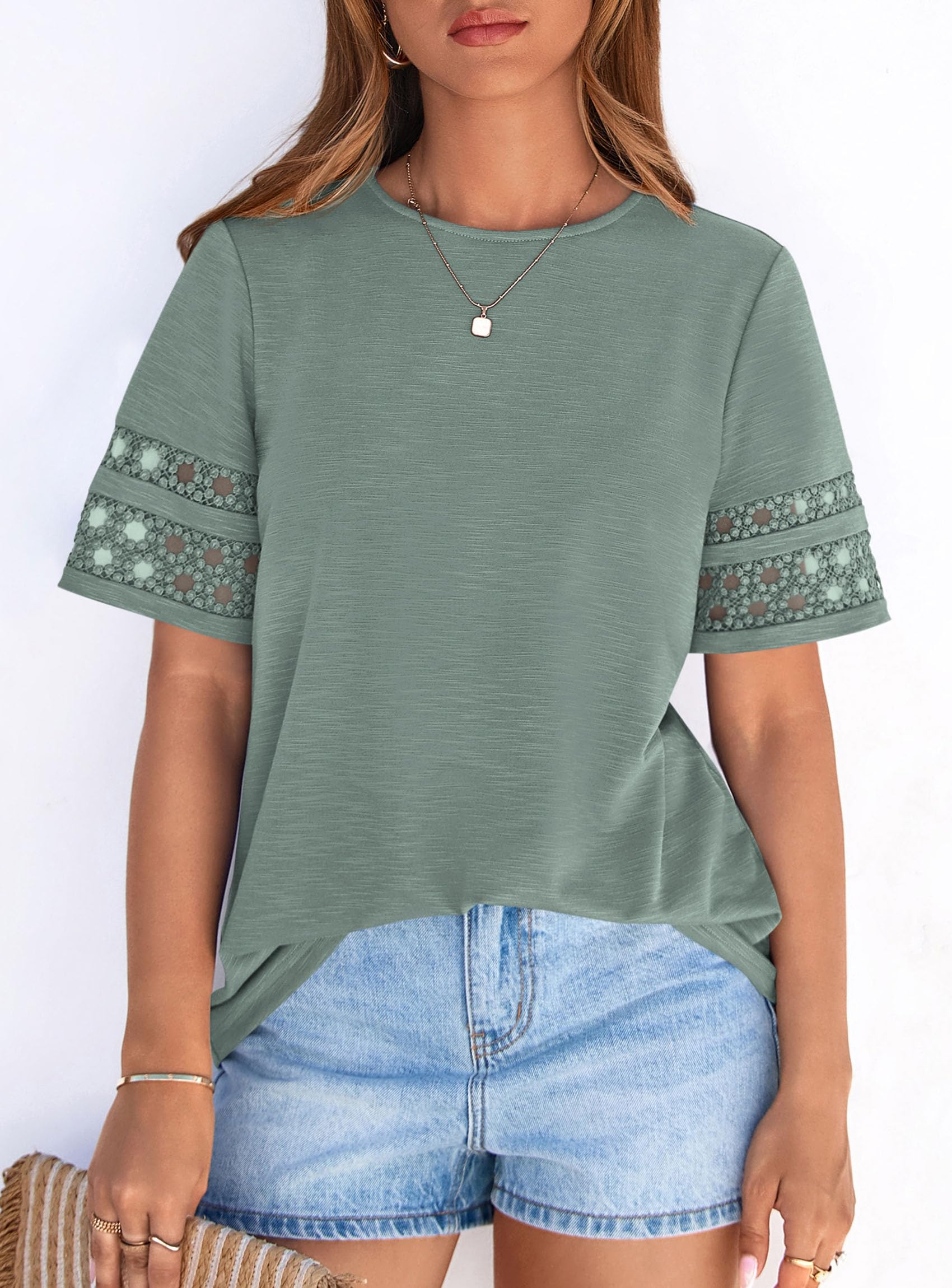 Women's Summer Short Sleeve Lace Trim T-Shirts,Sage Green,M