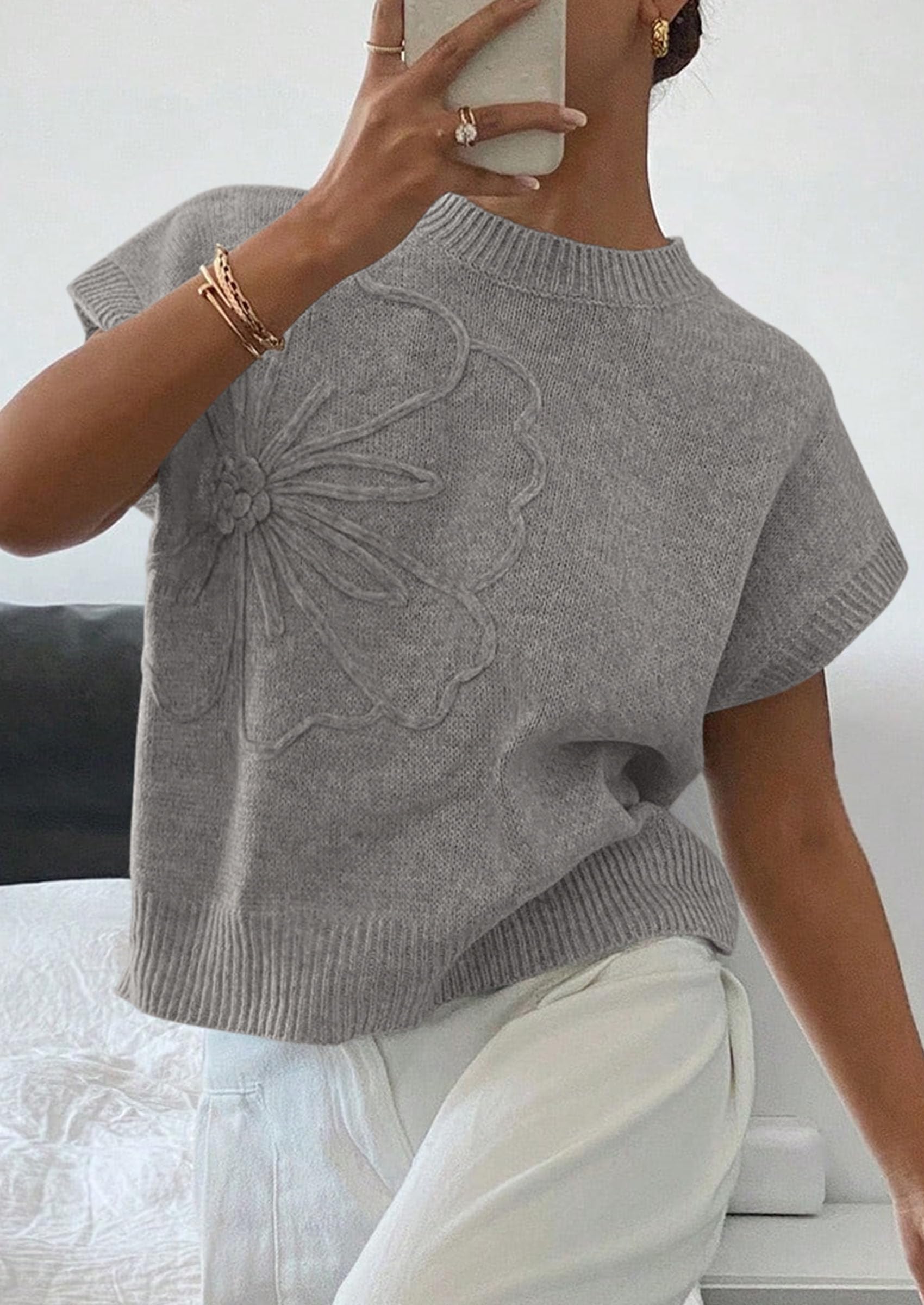 Women's Summer Short Cap Sleeve Sweater Vest (Grey,S)