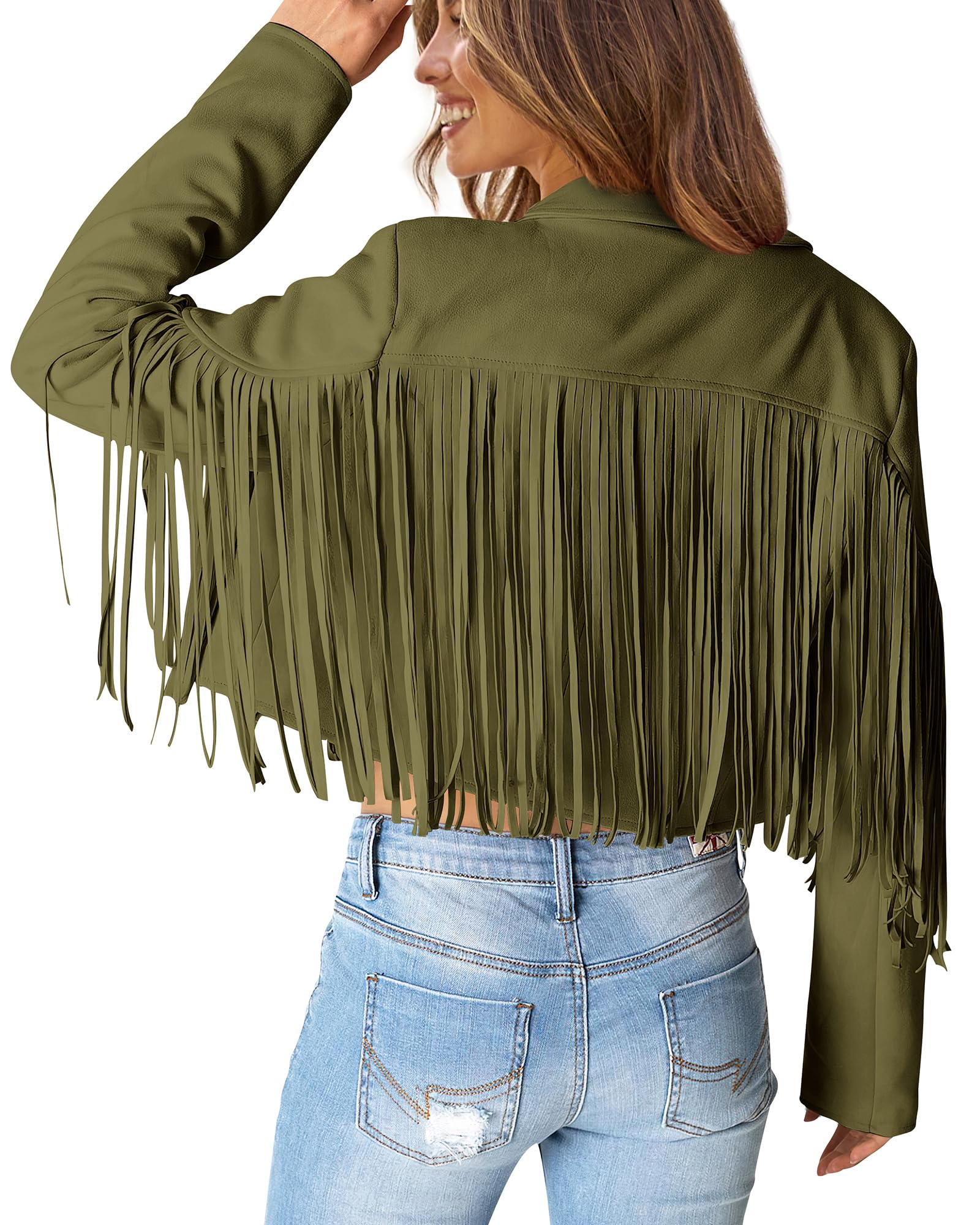Women's Fringe Faux Suede Leather Jackets,Dark Army Green,S