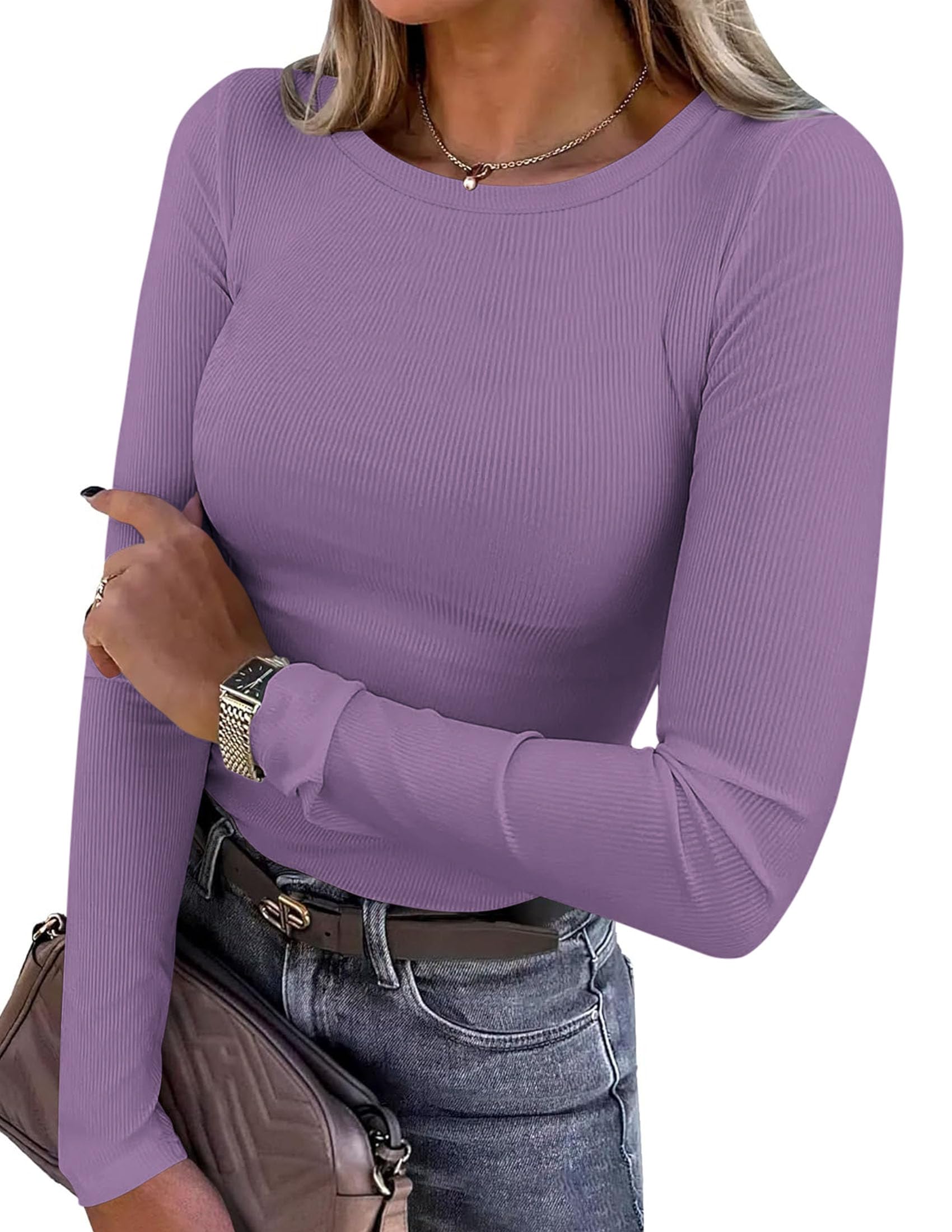 Women's Fall Long Sleeve Shirts Basic Tees (Purple,XS)