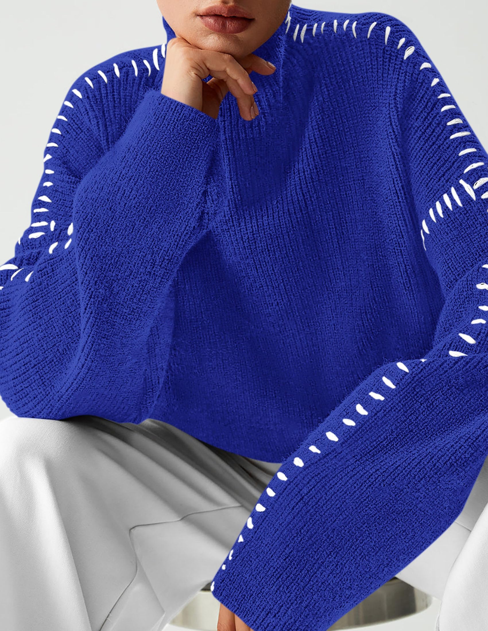 Womens Chunky Knit Oversized Pullover Sweaters,Royal Blue,S