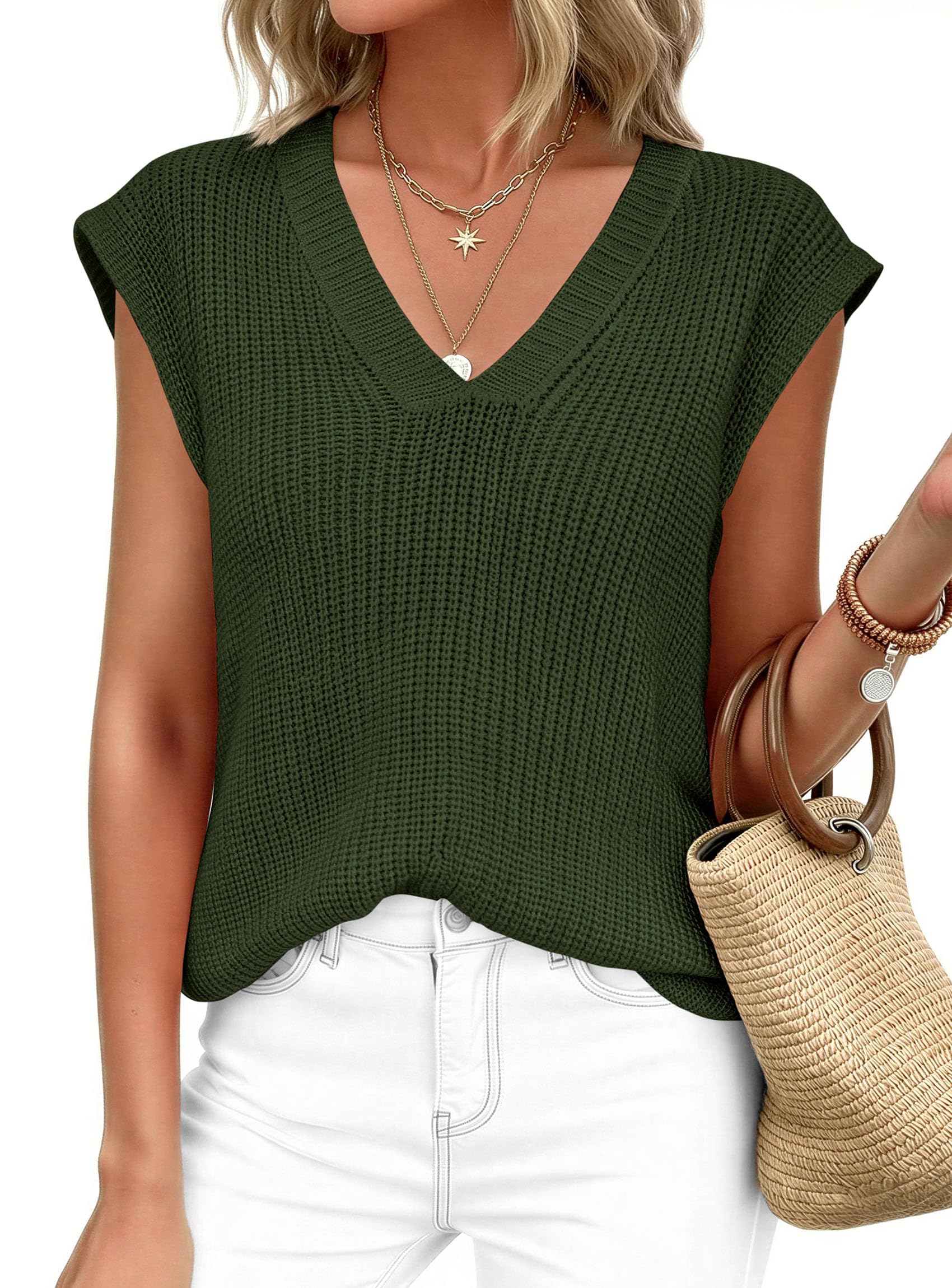 Women's Cap Sleeve Sweaters Vest Summer Tops (Army Green,S)