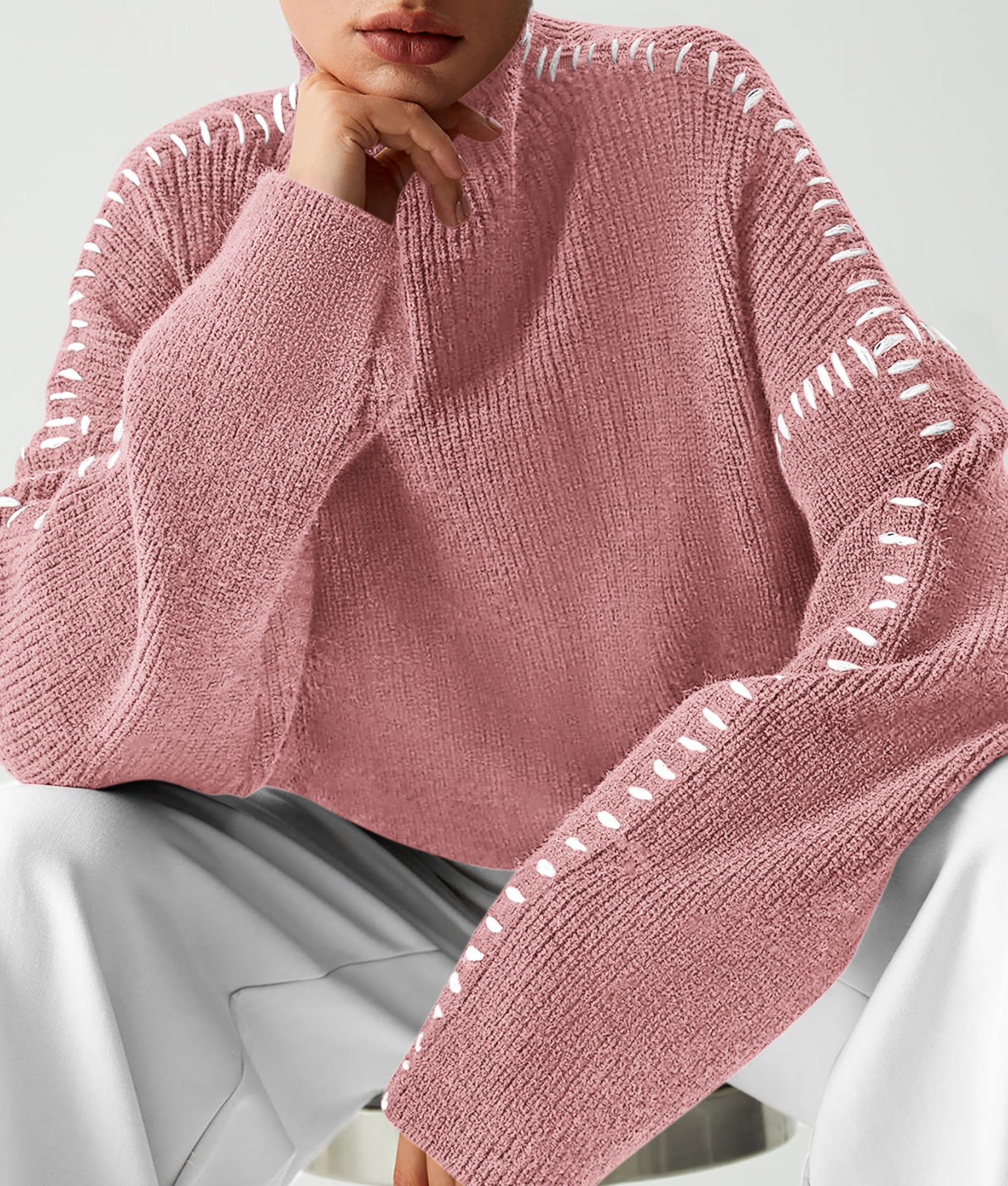 Womens Chunky Knit Oversized Pullover Sweaters,Grey Pink,S