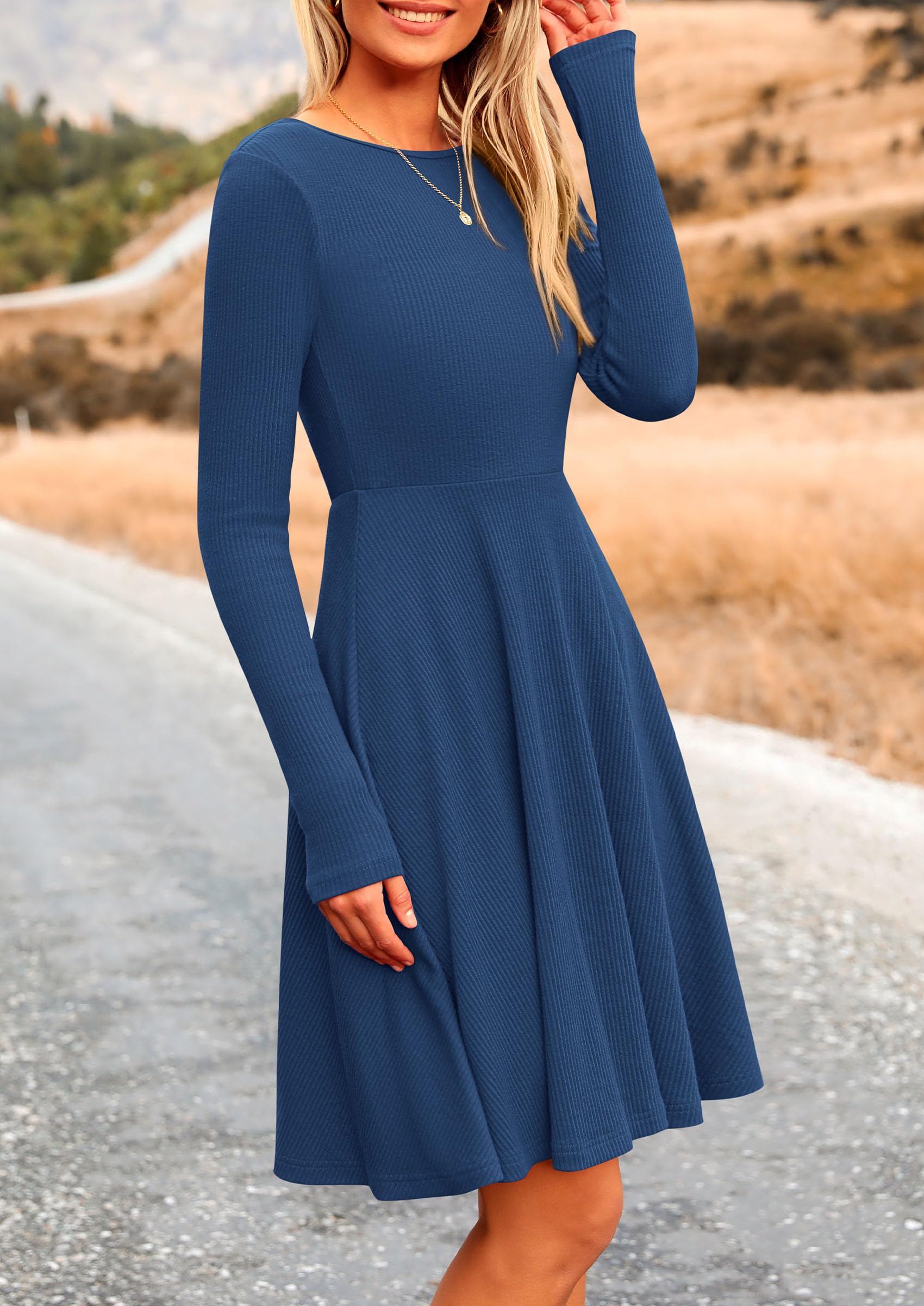 Women's Fall Casual Long Sleeve Short Dress (Dark Blue,S)