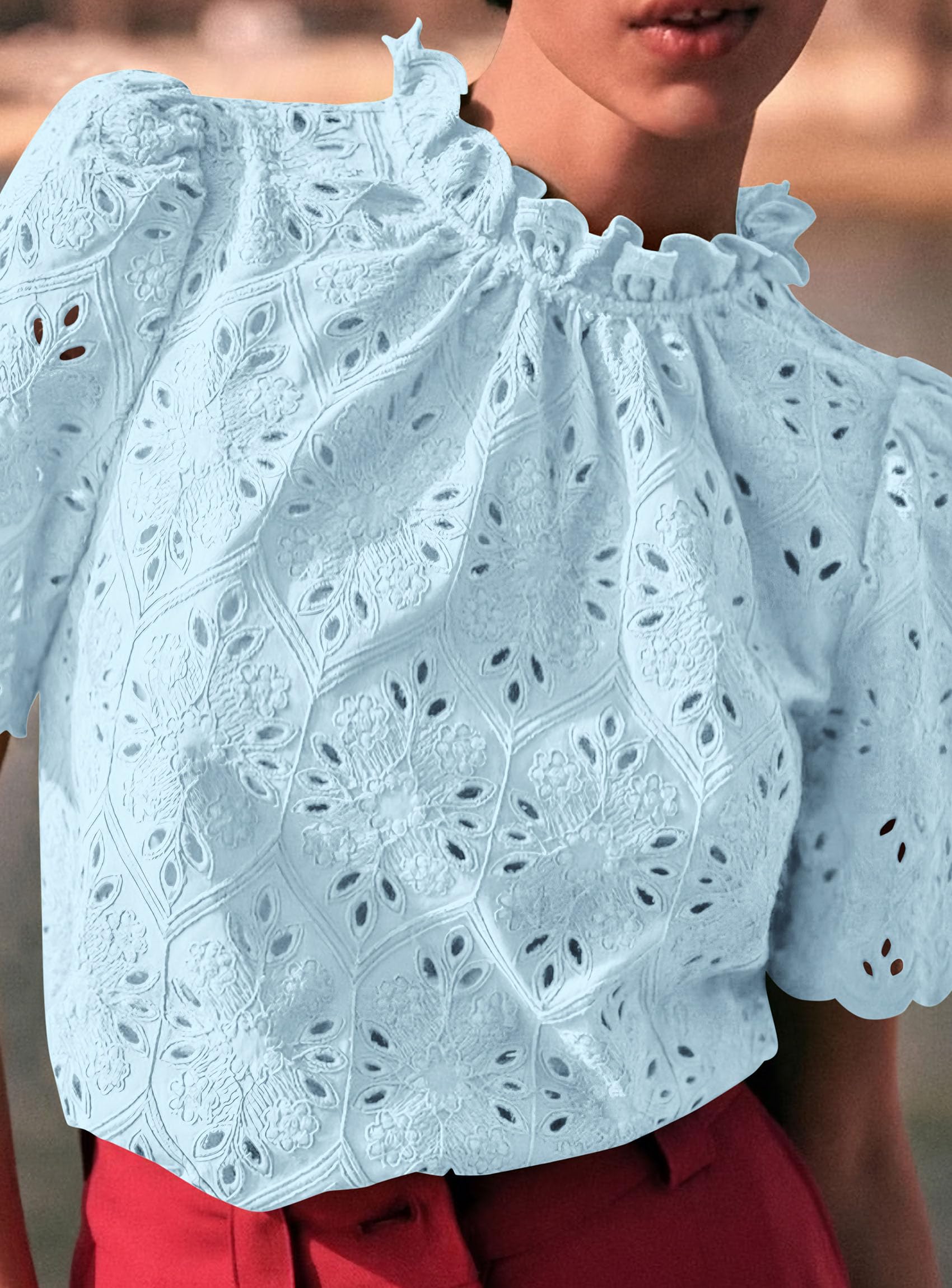 Women Summer Tops Eyelet Embroidered Shirts,Light Blue,XS