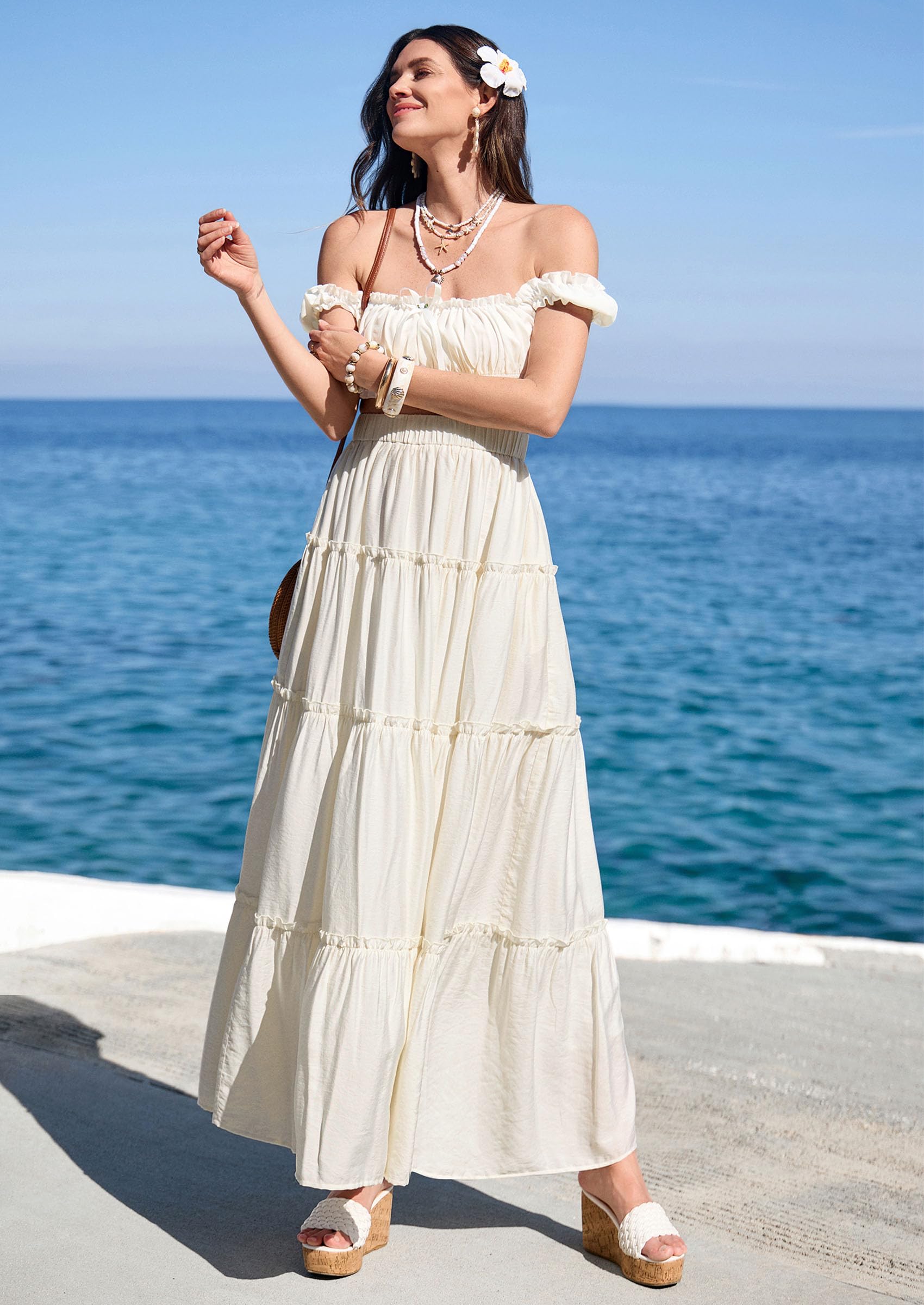 Women's Boho Tiered Ruffle Flowy Maxi Skirt, Beige,S