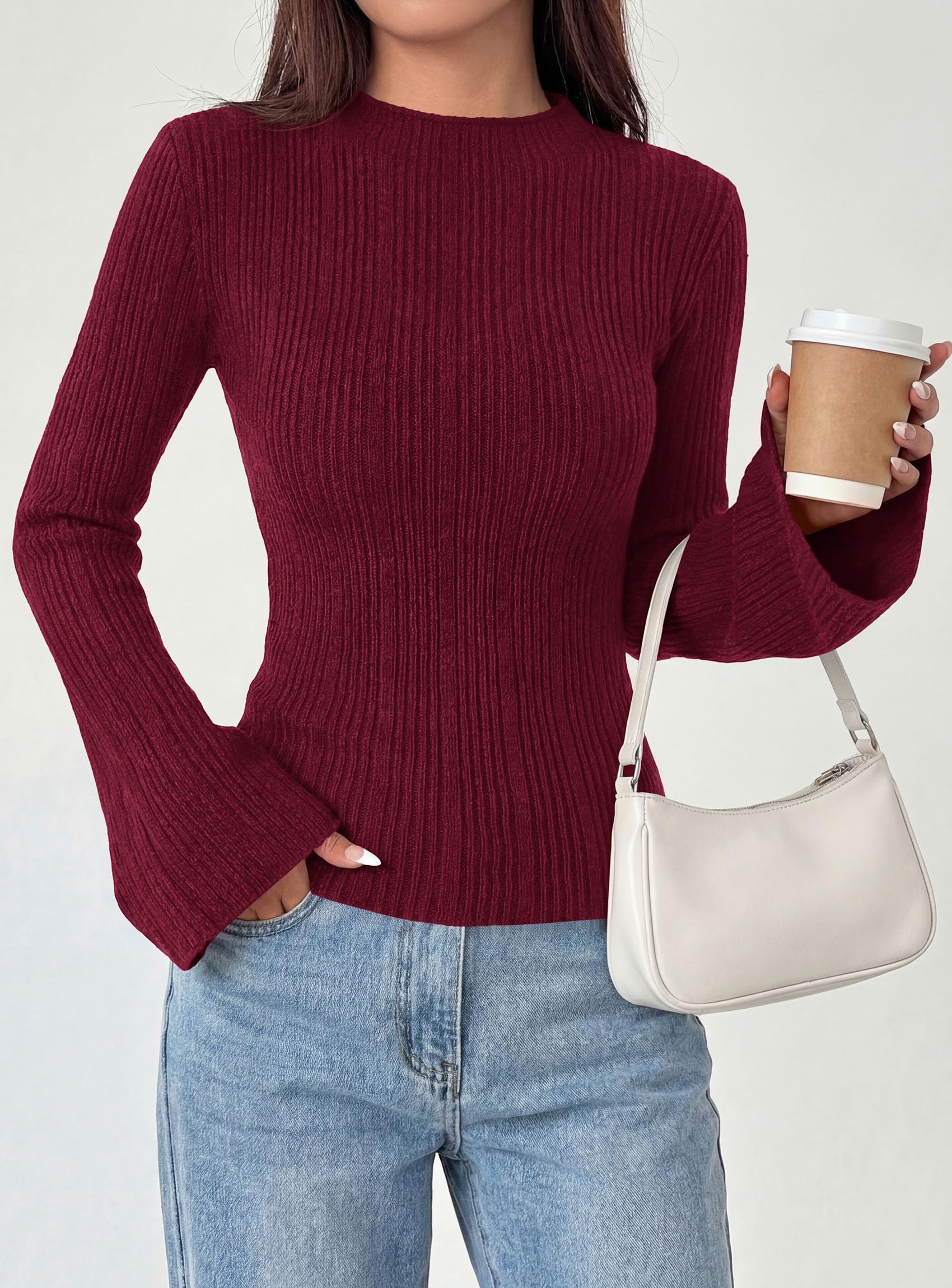 Womens Bell Long Sleeve Tops Mock Neck Sweaters,Burgundy,L