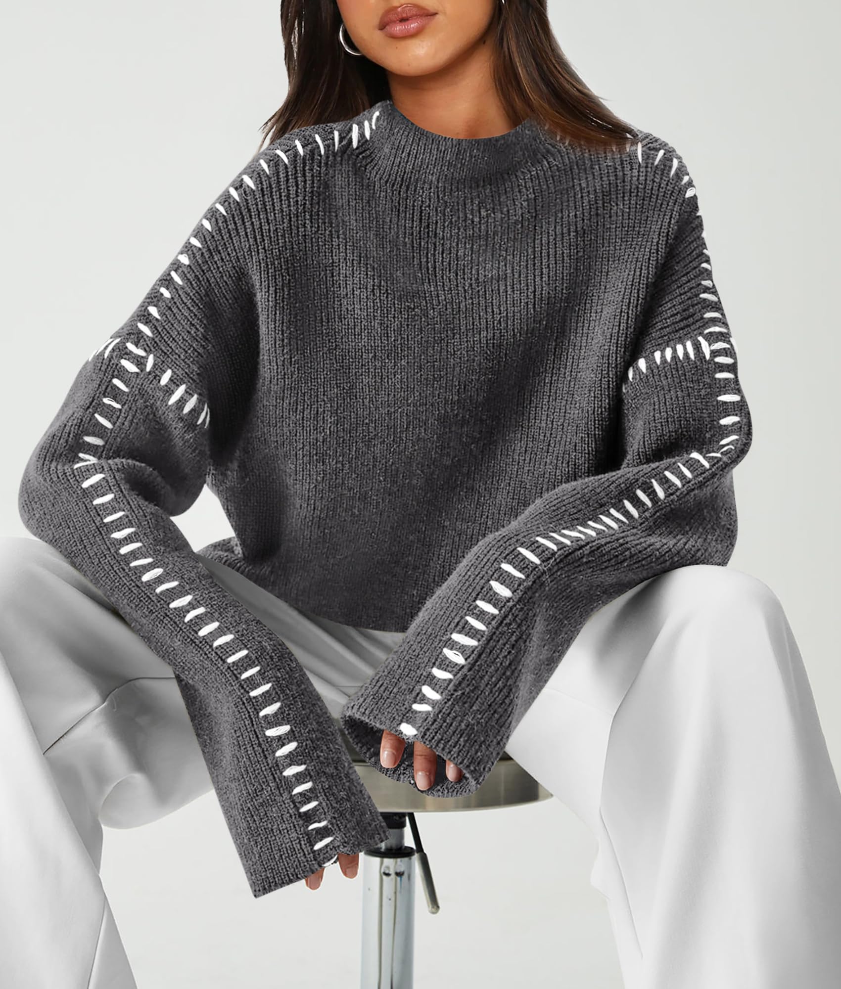 Womens Chunky Knit Oversized Pullover Sweaters,Grey,S