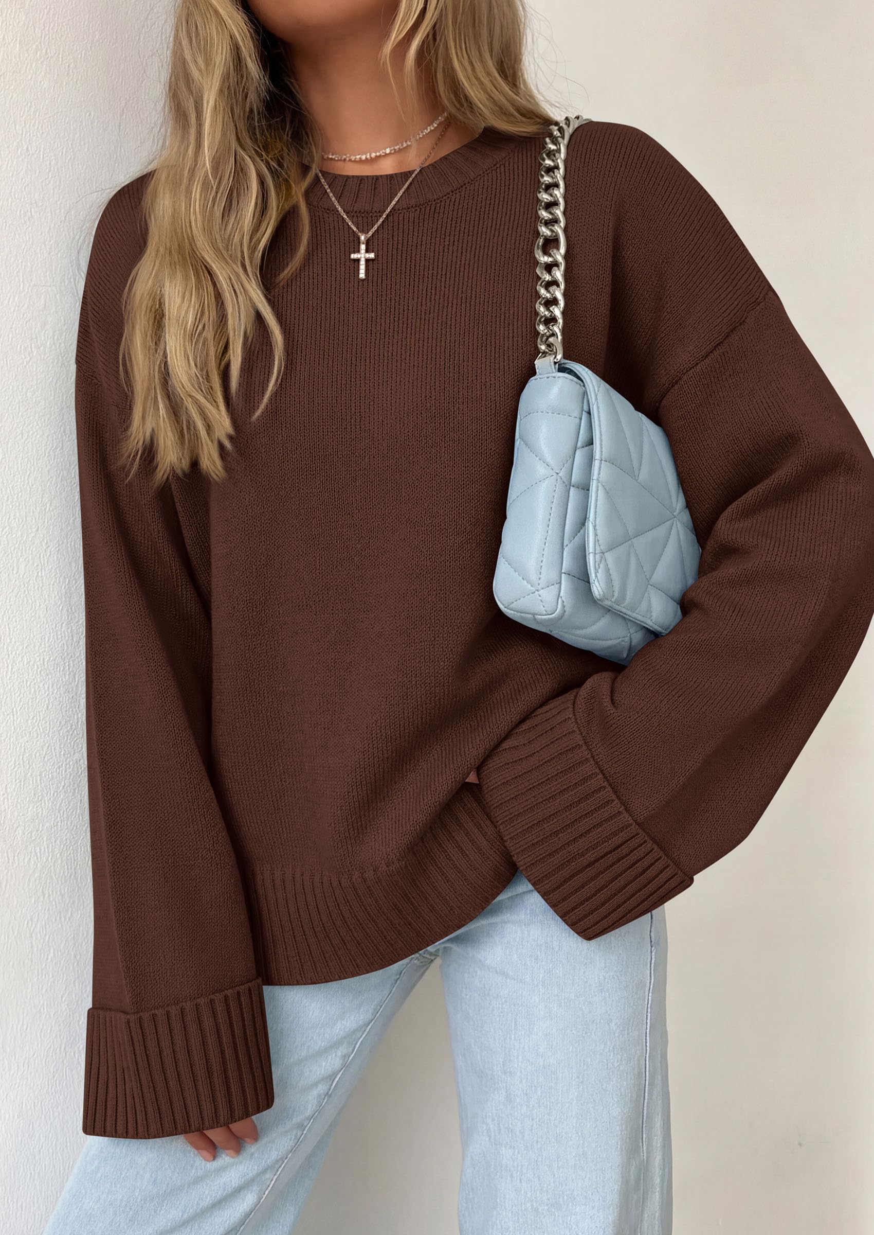 Oversized Sweater Women's Crewneck Long Sleeve Tops Brown