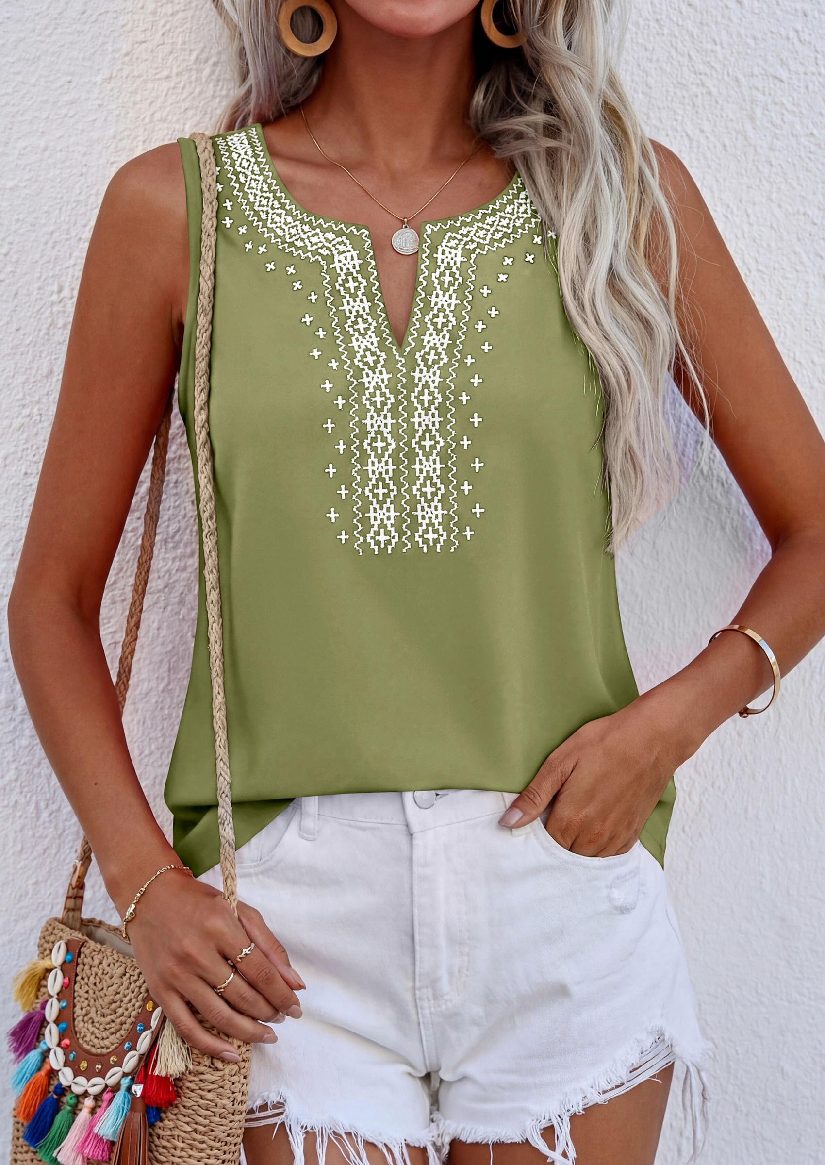 Womens Embroidered Sleeveless Tank Tops Sage Green,S