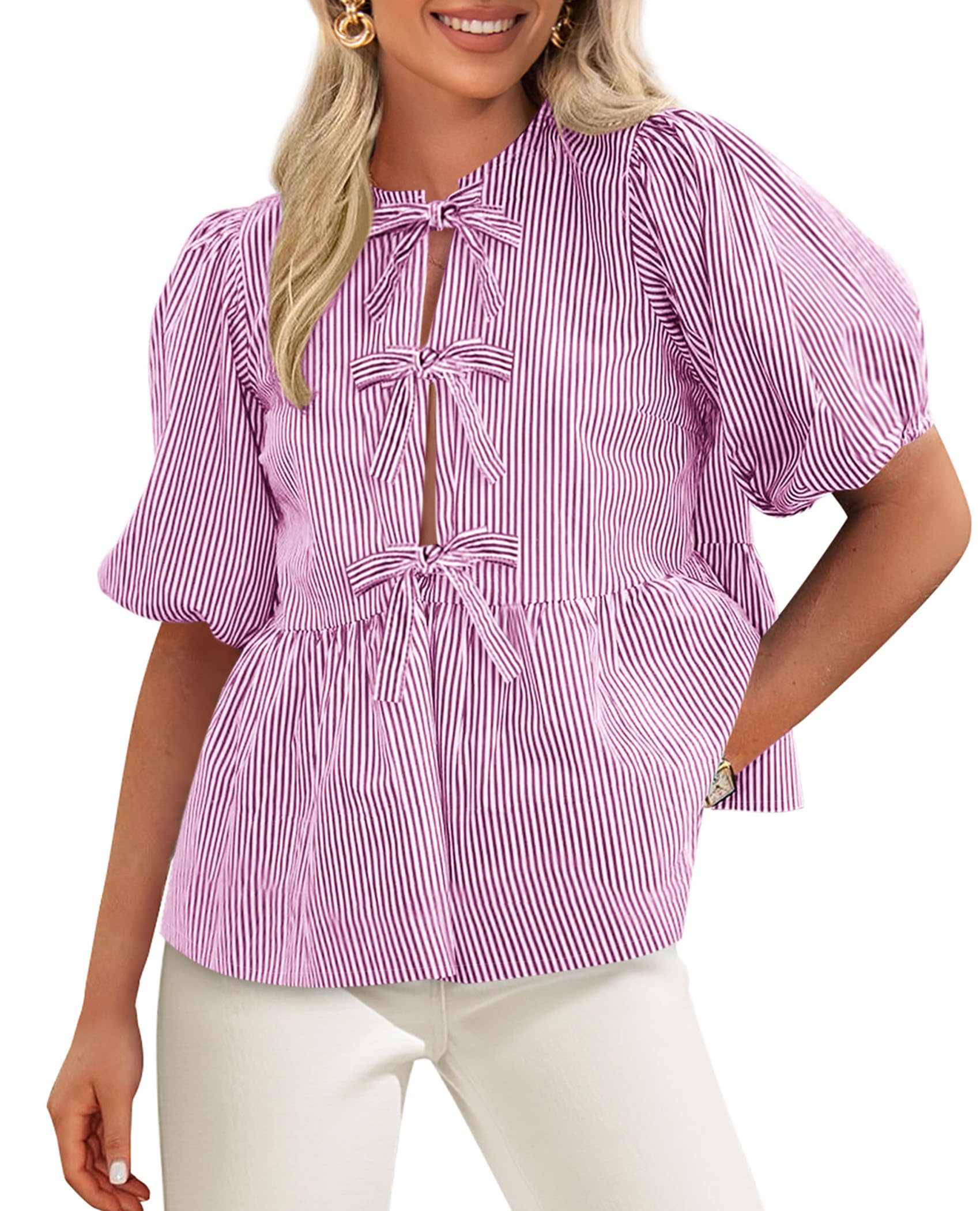 Women Striped Tie Front Babydoll Peplum Tops, Purple Red,S