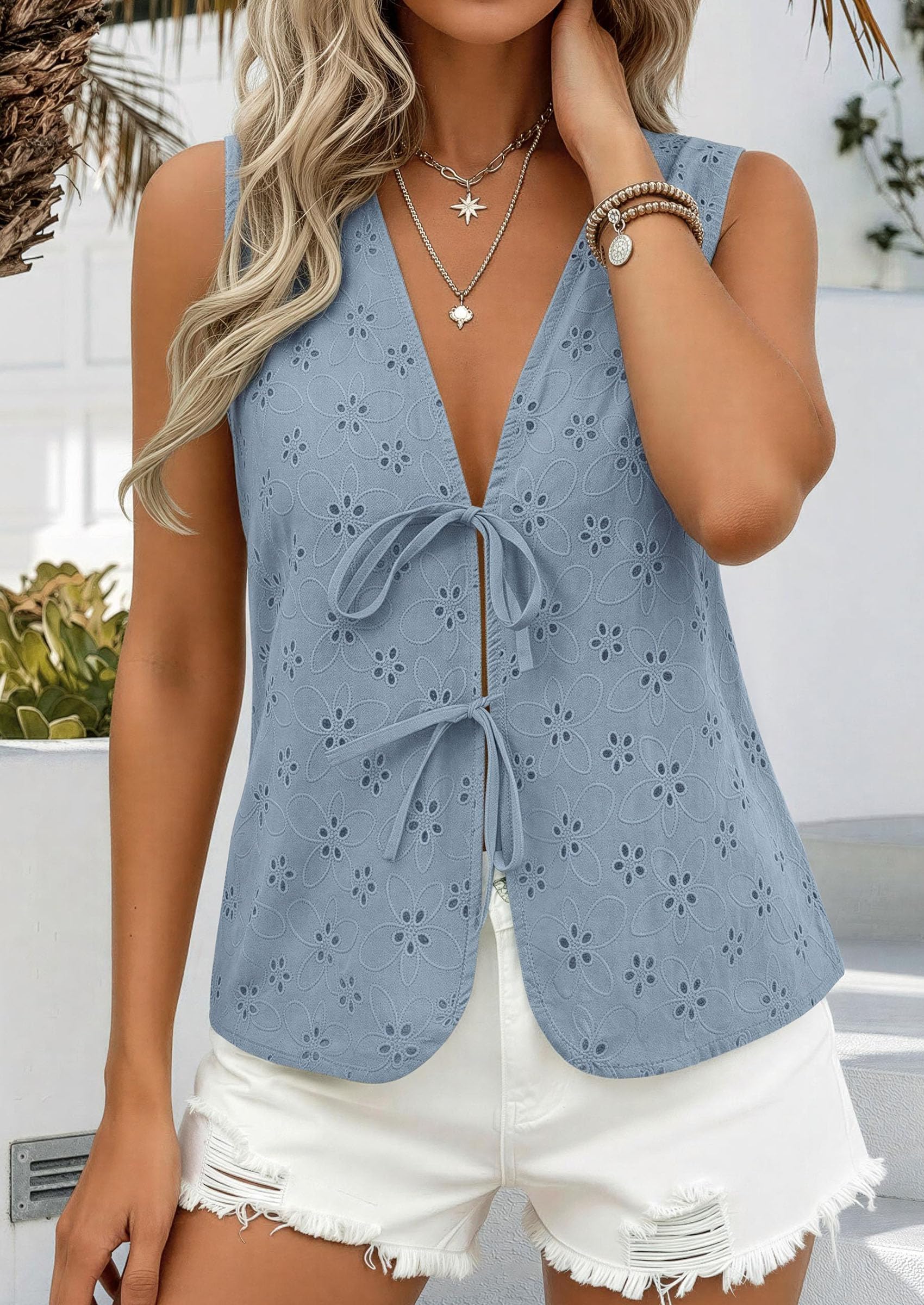 Women's Summer Eyelet Lace Tie Front Vest Tops (Dusty Blue,S)