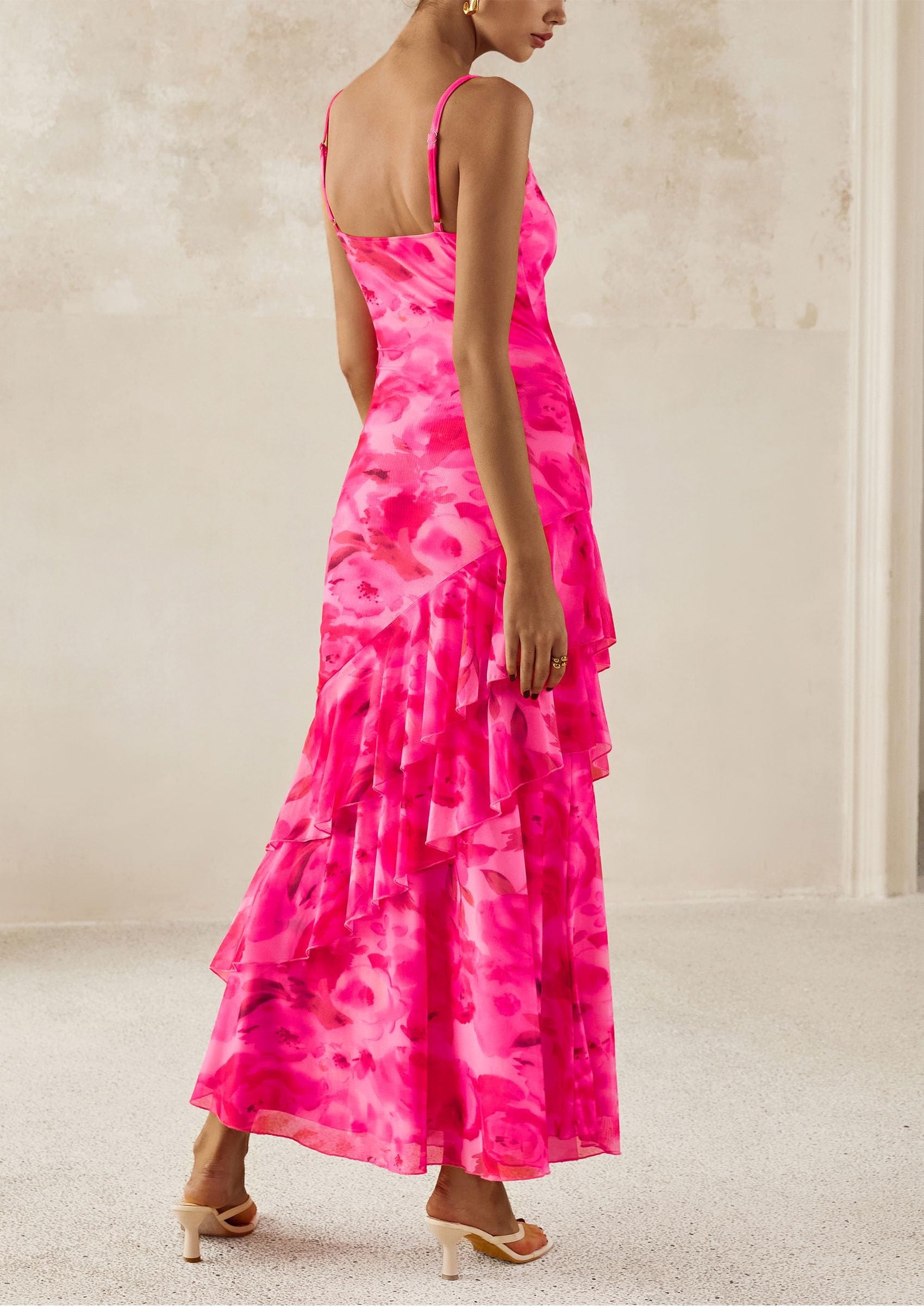 Women's Boho Floral Tiered Maxi Dress, Print Pink,M