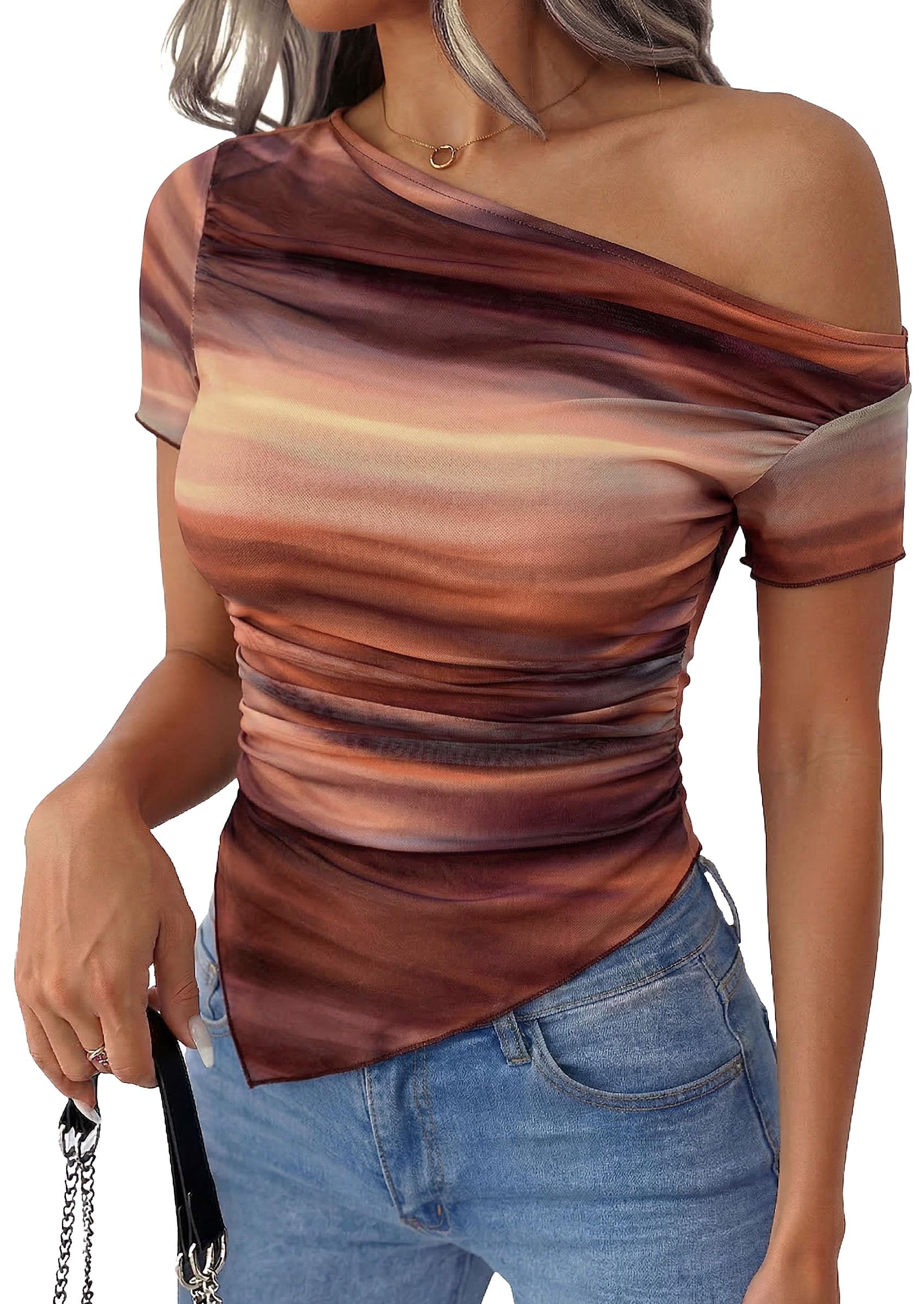 Mesh Off The Shoulder Tops for Women,Floral Brown,XS