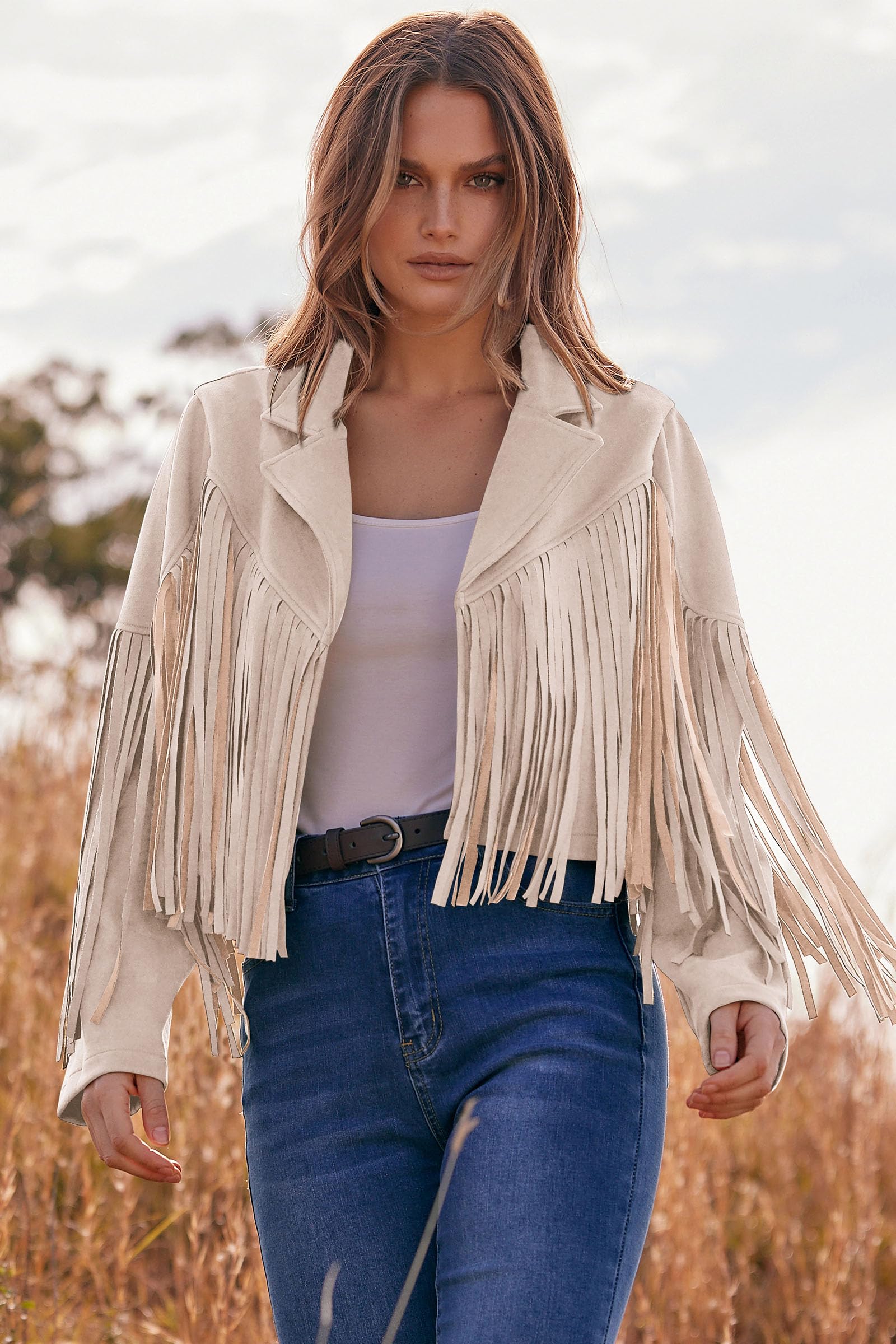 Women's Fringe Faux Suede Leather Jackets,Beige Apricot,S