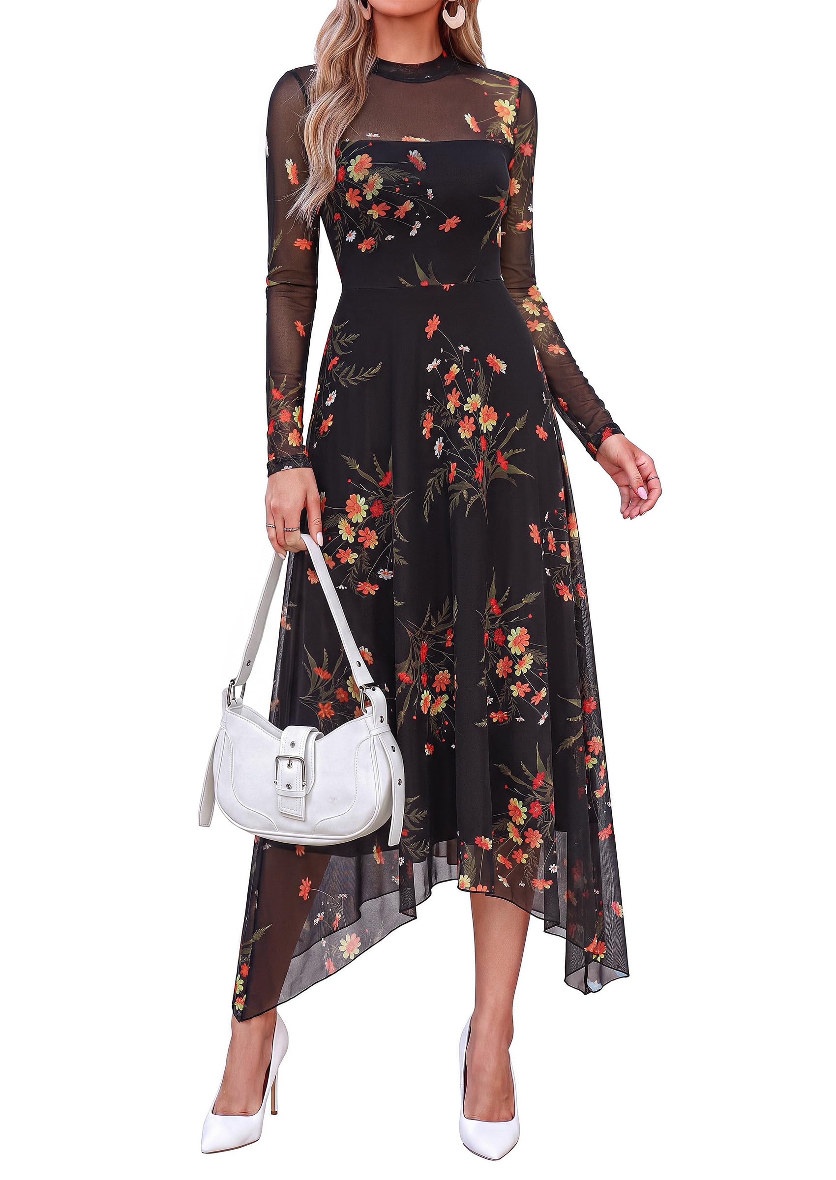 Women's Floral Mesh Midi Dress,Floral Black Yellow,L