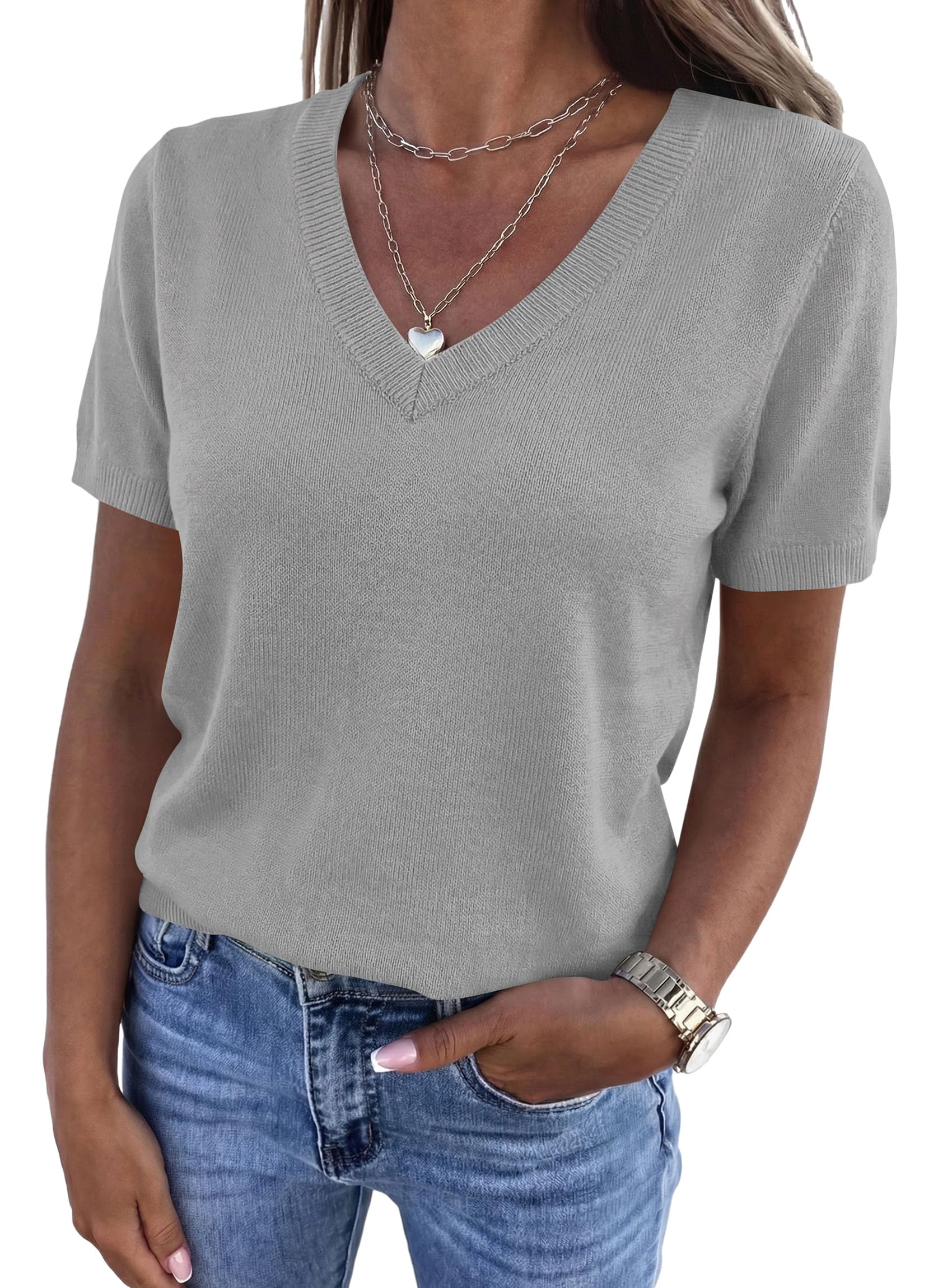 Womens Short Sleeve Sweater V Neck Tops,Grey,S