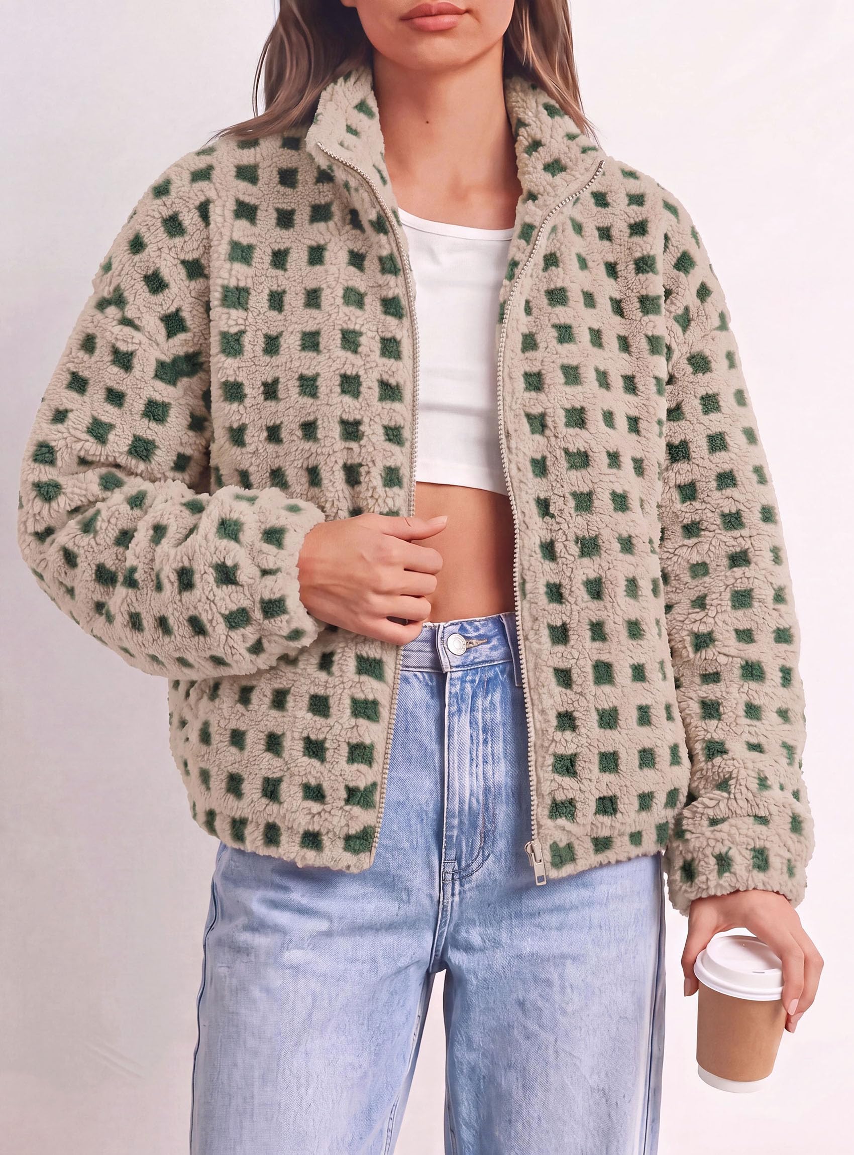 Women's Gingham Sherpa Fleece Jacket Plaid Cropped Teddy Coat