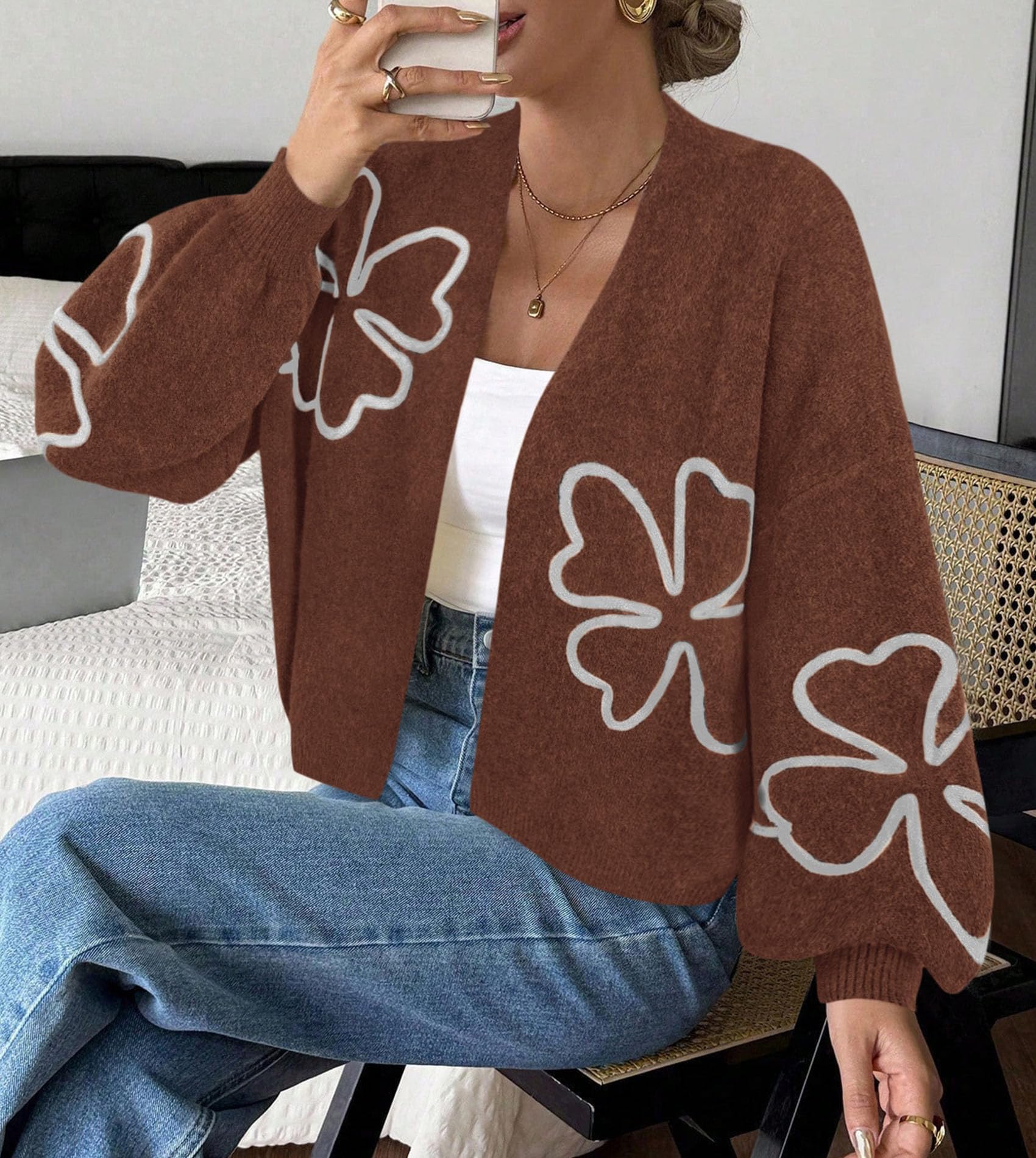 Women's Floral Oversized Cardigan Sweaters Trendy Fall Outfits